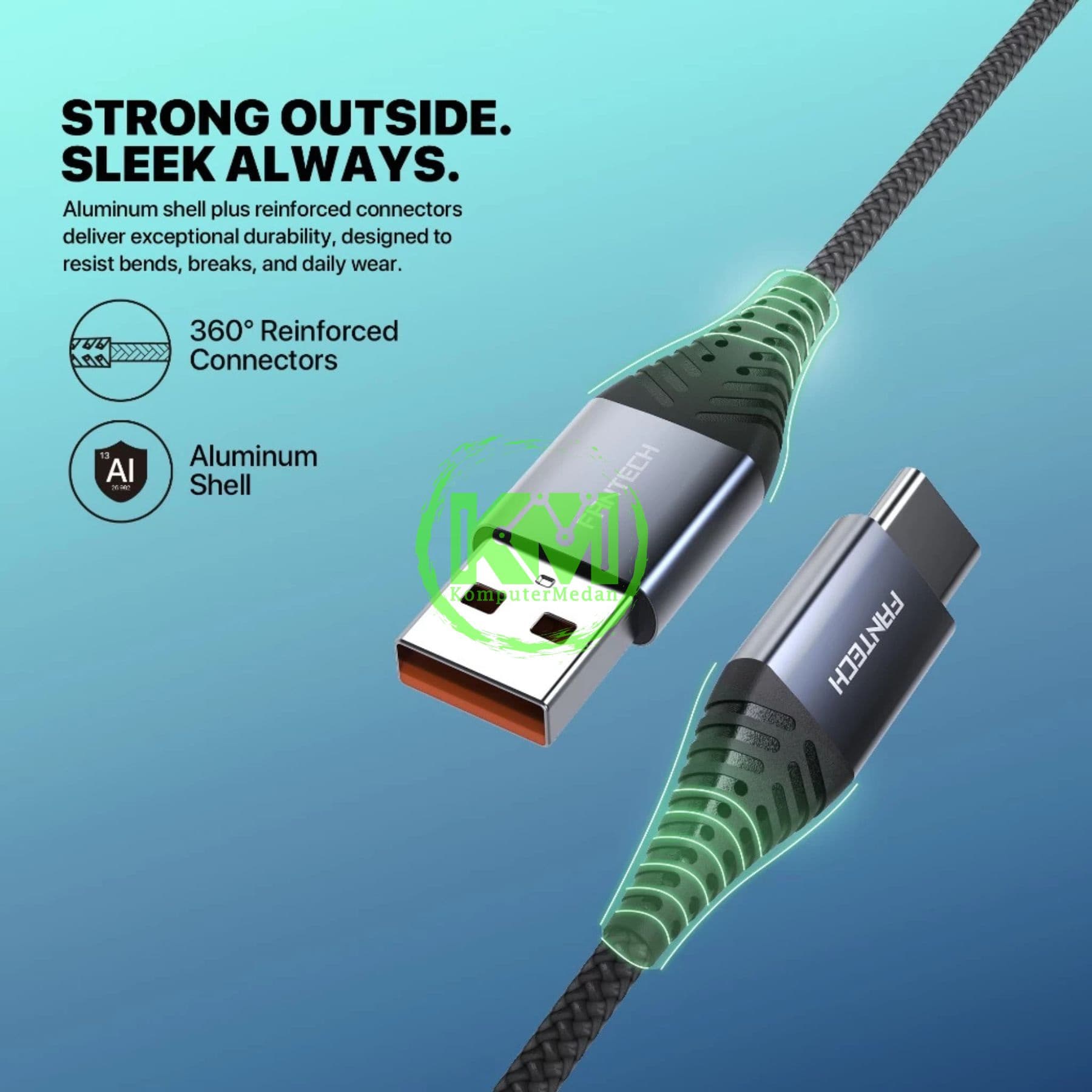 FANTECH DURALINK DL4 SERIES CABLE,DL4AC (A TO C), BRAIDED CABLE + ALUMUNIUM SHELL, 3A FAST CHARGING - BLACK - Image 2