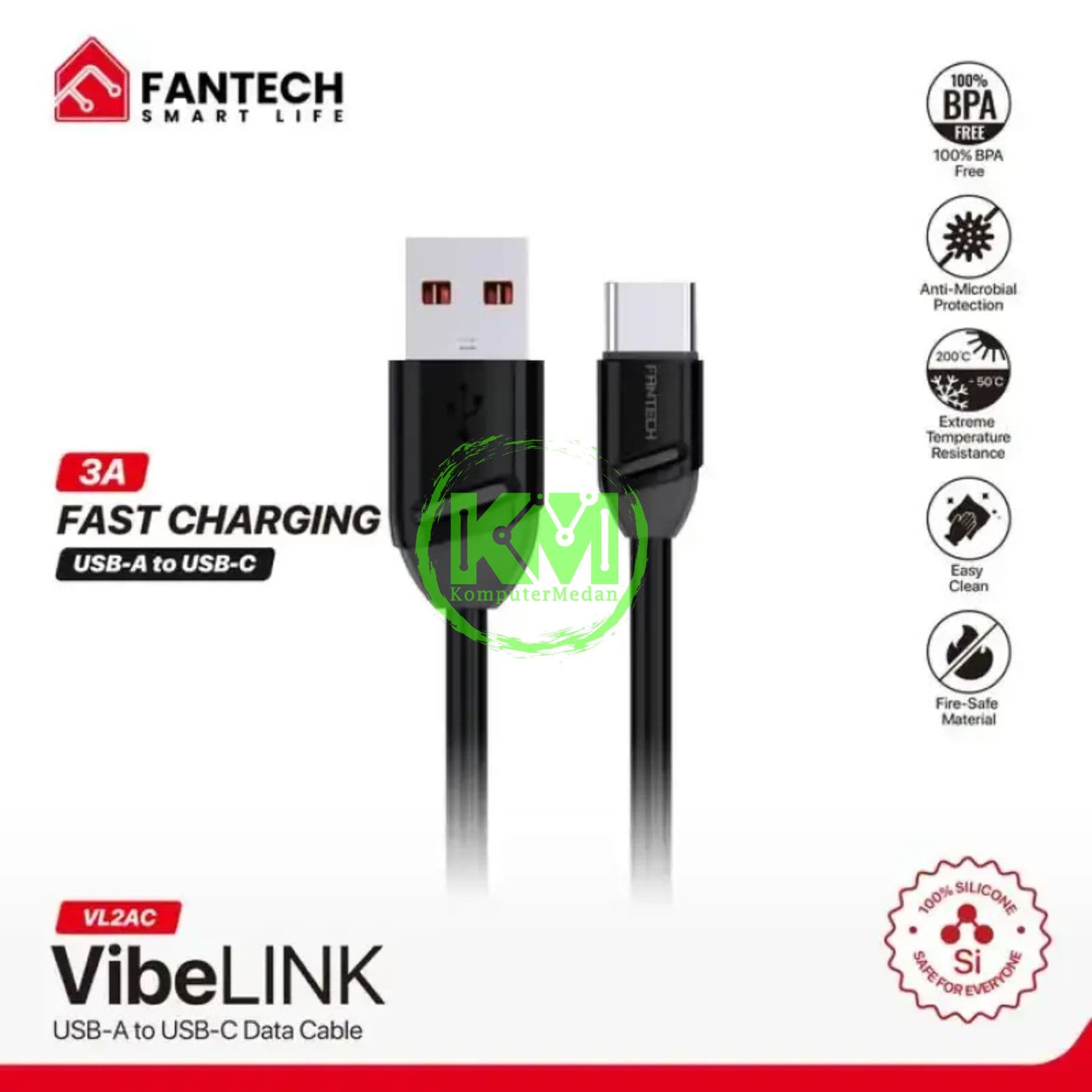 FANTECH VIBELINK VL2 SERIES CABLE, VL2AC (A TO C), SILICONE CABLE + TPE (KABEL PIPIH) 3 AMPERE FAST CHARGING - BLACK - Image 3