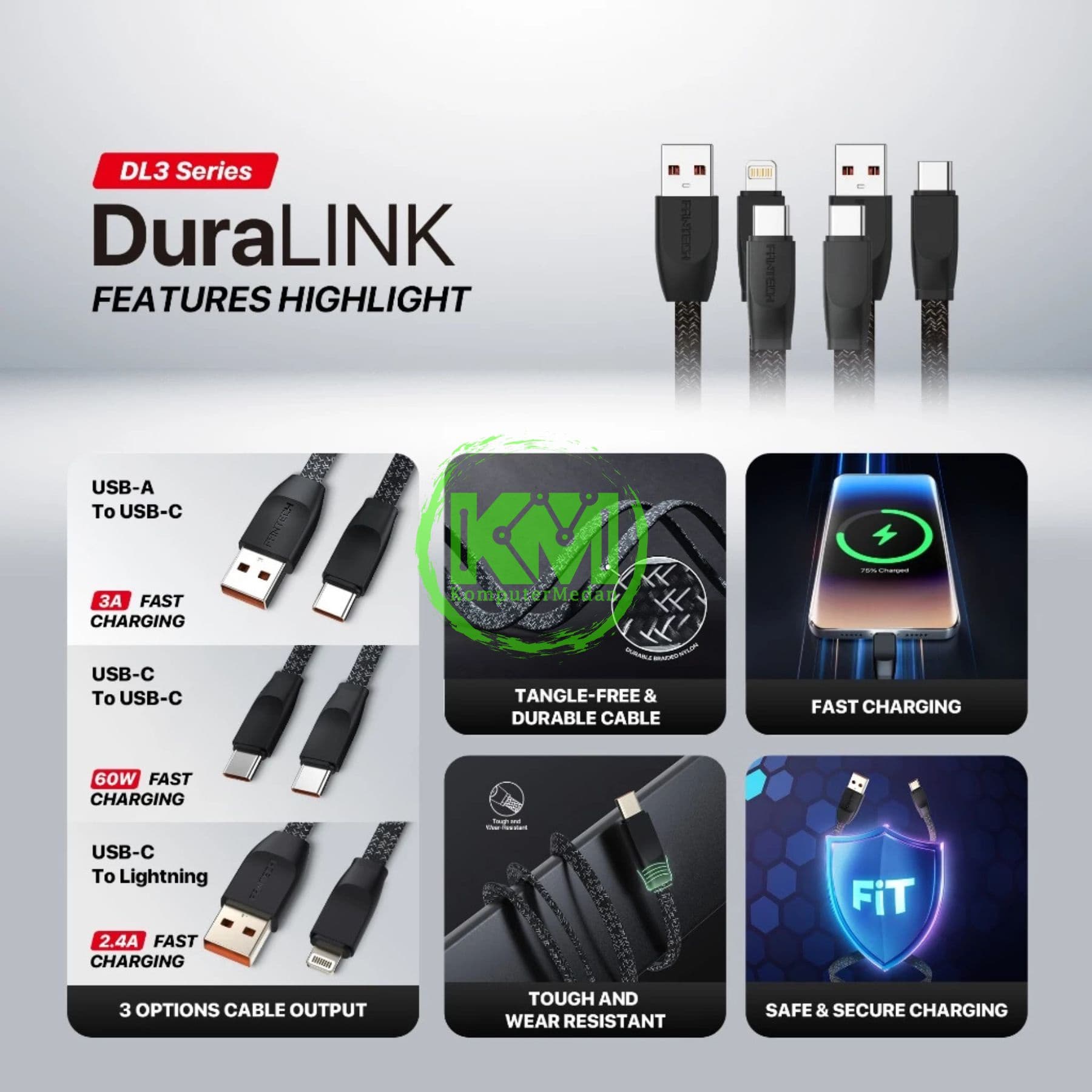 FANTECH DURALINK DL3 SERIES CABLE, DL3AC (A TO C), BRAIDED CABLE + PVC (KABEL PIPIH) 3 AMPERE FAST CHARGING - BLACK - Image 2