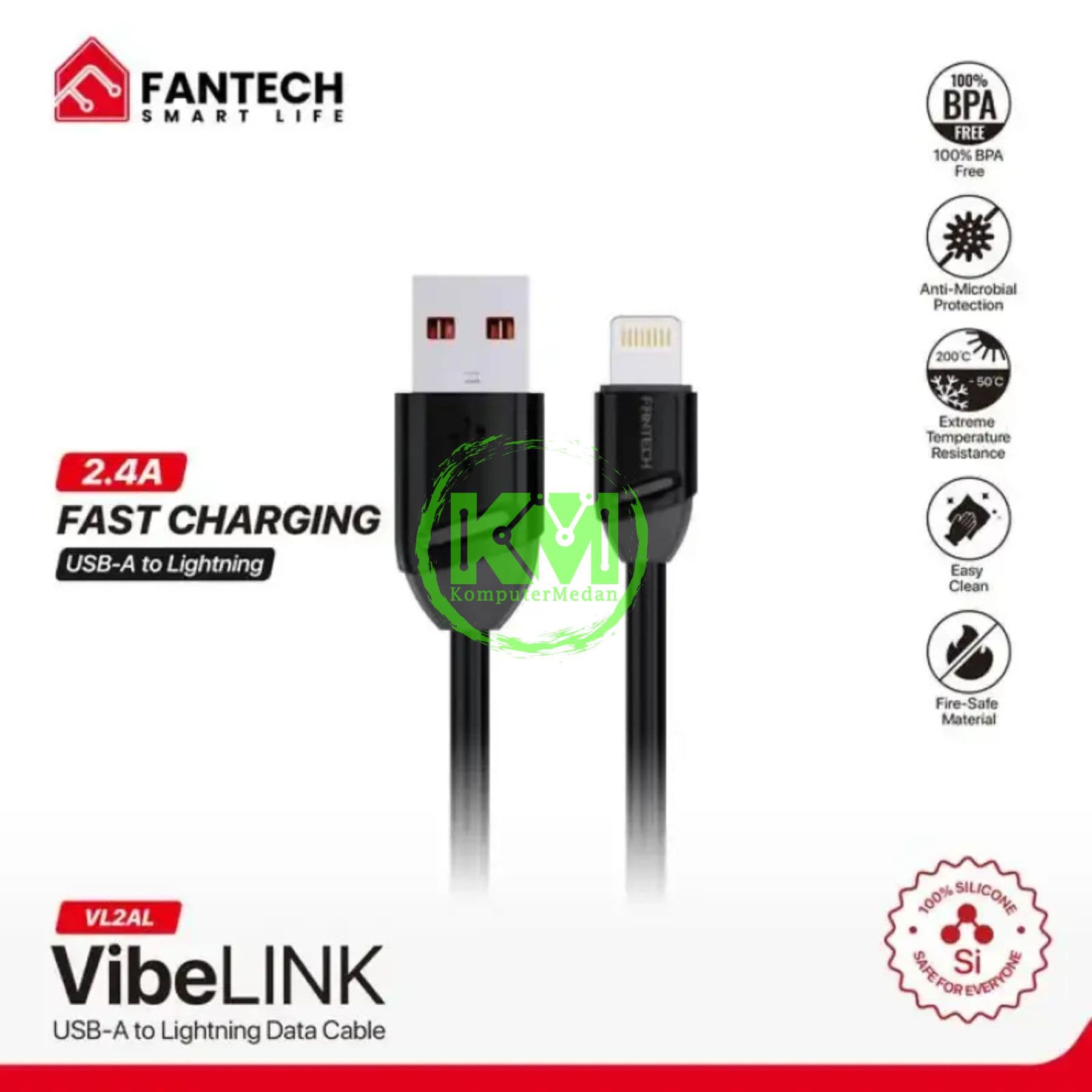 FANTECH VIBELINK VL2 SERIES CABLE, VL2AL (A TO L), SILICONE CABLE + TPE (KABEL PIPIH) 2.4A AMPERE FAST CHARGING - BLACK - Image 2