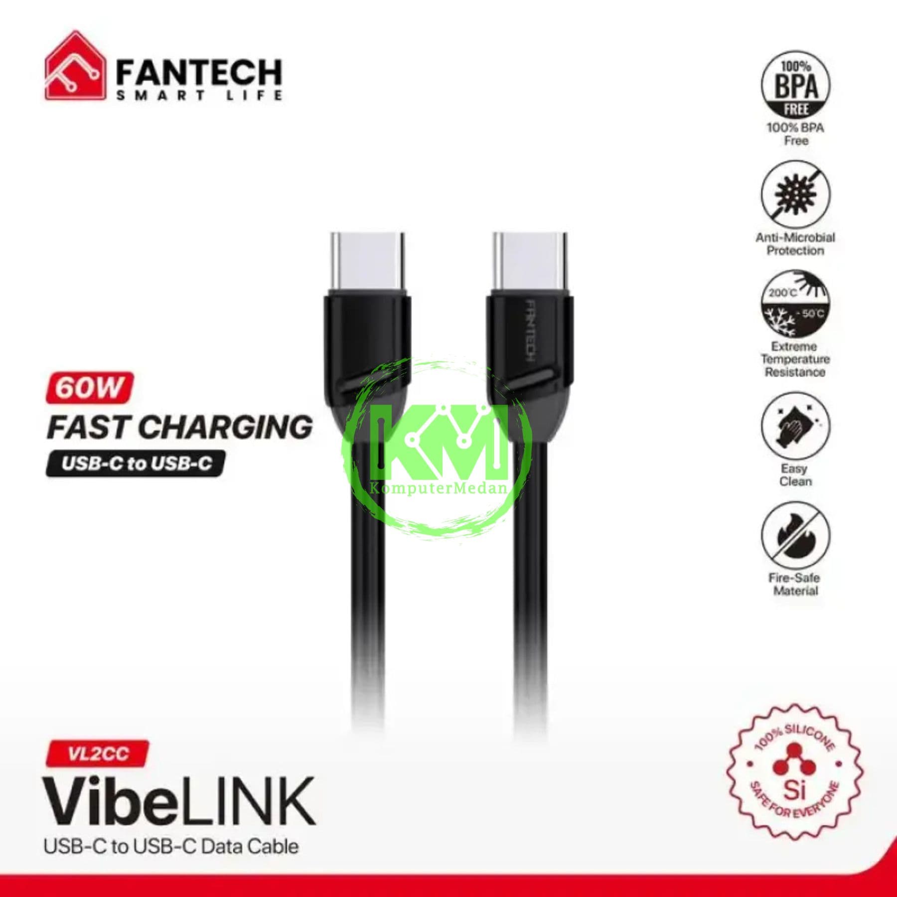 FANTECH VIBELINK VL2 SERIES CABLE, VL2CC (C TO C), SILICONE CABLE + TPE (KABEL PIPIH) 3 AMPERE FAST CHARGING - BLACK - Image 2