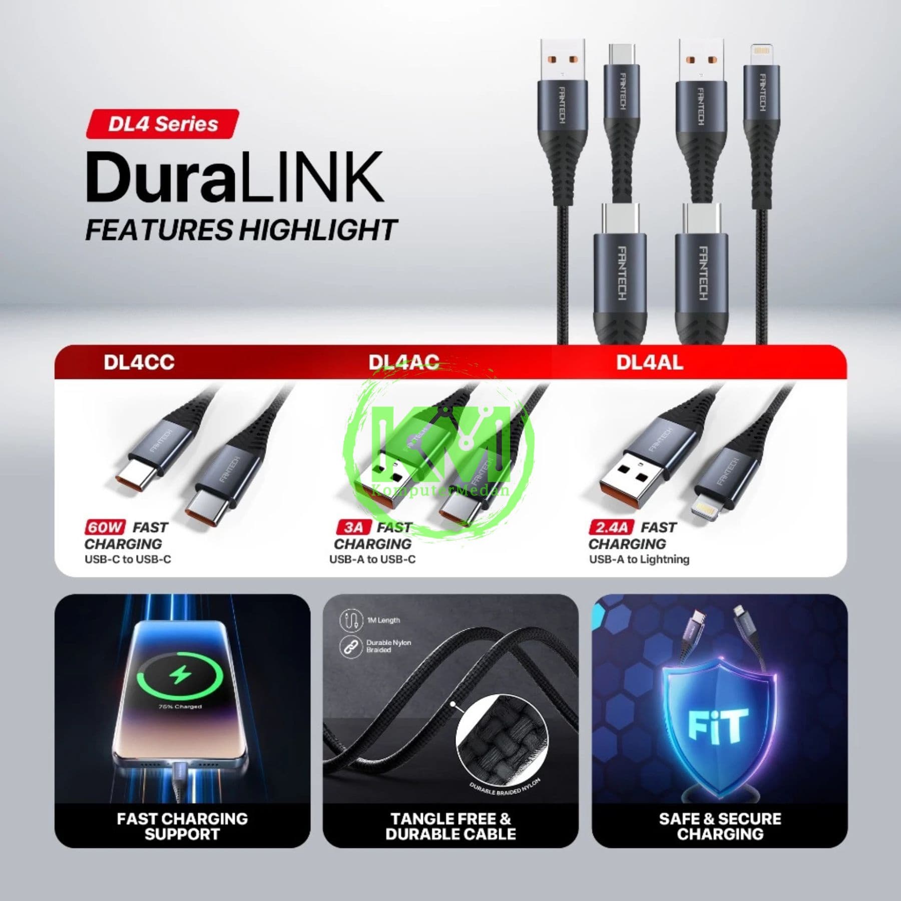 FANTECH DURALINK DL4 SERIES CABLE, DL4CC (C TO C), BRAIDED CABLE + ALUMUNIUM SHELL, 3A FAST CHARGING - BLACK - Image 5
