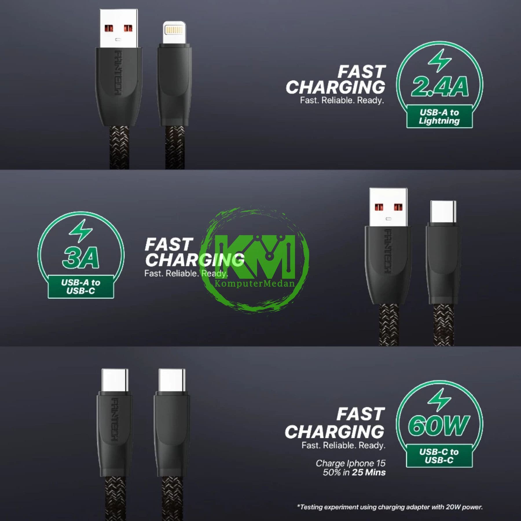 FANTECH DURALINK DL3 SERIES CABLE, DL3CC (C TO C), BRAIDED CABLE + PVC (KABEL PIPIH) 60 WATT FAST CHARGING - BLACK - Image 3
