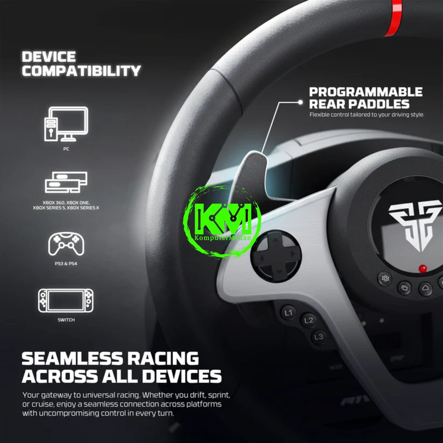 FANTECH R1V2 – RACING STEERING WHEEL ( KOMPATIBILITAS : PC, PS3, PS4, XBOX 360, XBOX ONE, XBOX SERIES S & X, NINTENDO SWITCH ) - Image 4