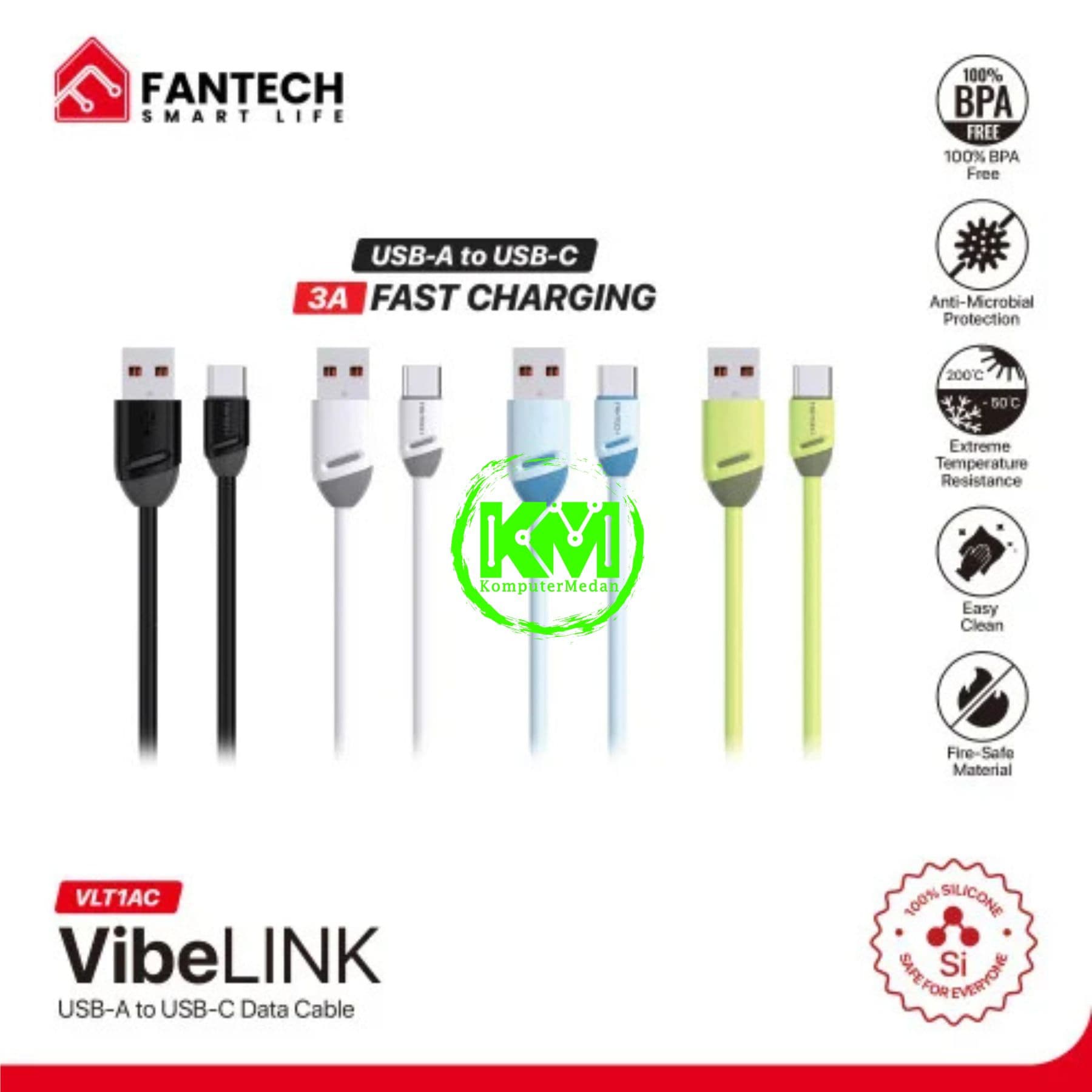 FANTECH VIBELINK VLT1 SERIES CABLE, VLT1AC (A TO C), SILICONE CABLE + TPE (KABEL BULAT TEBAL), 3 AMPERE (1TOPLES : 20 PCS) - MIX (BLACK,WHITE,BLUE,GREEN) - Image 2
