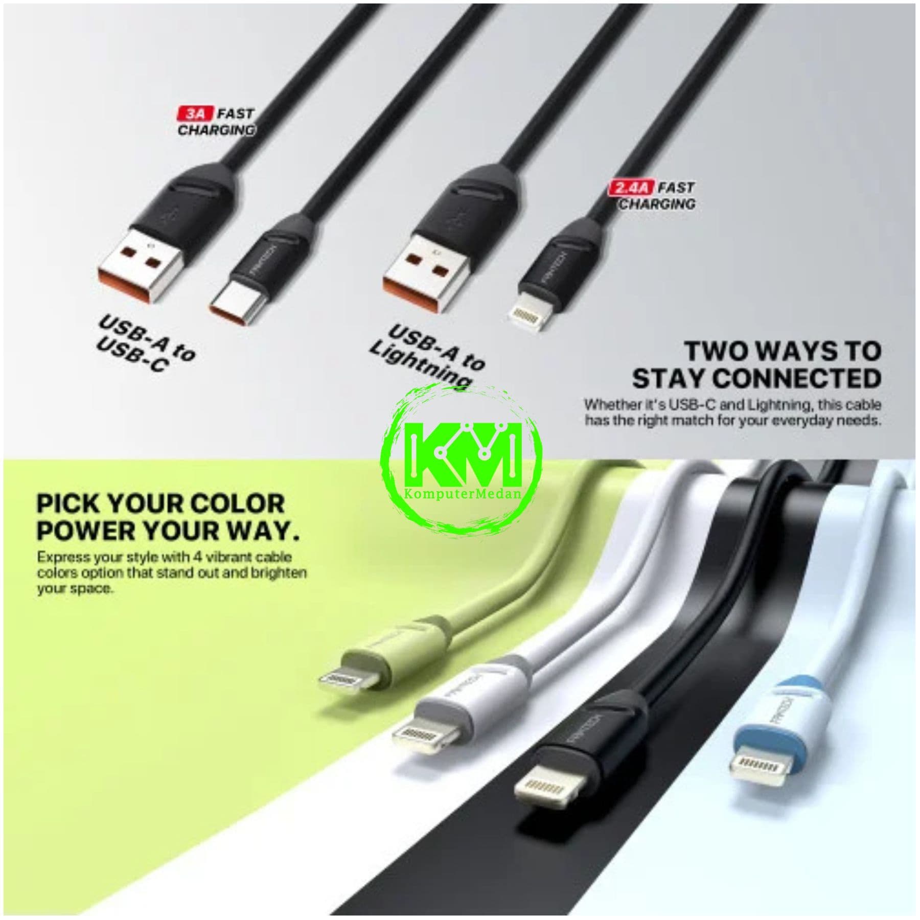 FANTECH VIBELINK VLT1 SERIES CABLE, VLT1AC (A TO C), SILICONE CABLE + TPE (KABEL BULAT TEBAL), 3 AMPERE (1TOPLES : 20 PCS) - MIX (BLACK,WHITE,BLUE,GREEN) - Image 3