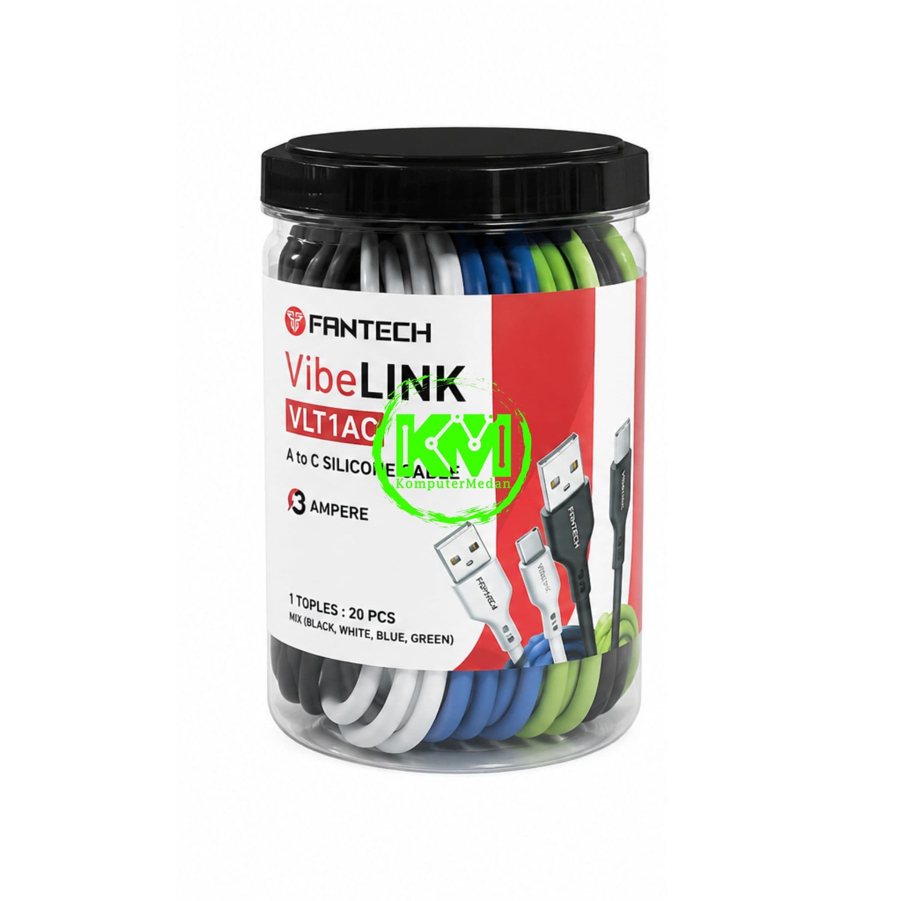 FANTECH VIBELINK VLT1 SERIES CABLE, VLT1AC (A TO C), SILICONE CABLE + TPE (KABEL BULAT TEBAL), 3 AMPERE (1TOPLES : 20 PCS) - MIX (BLACK,WHITE,BLUE,GREEN) - Image 1
