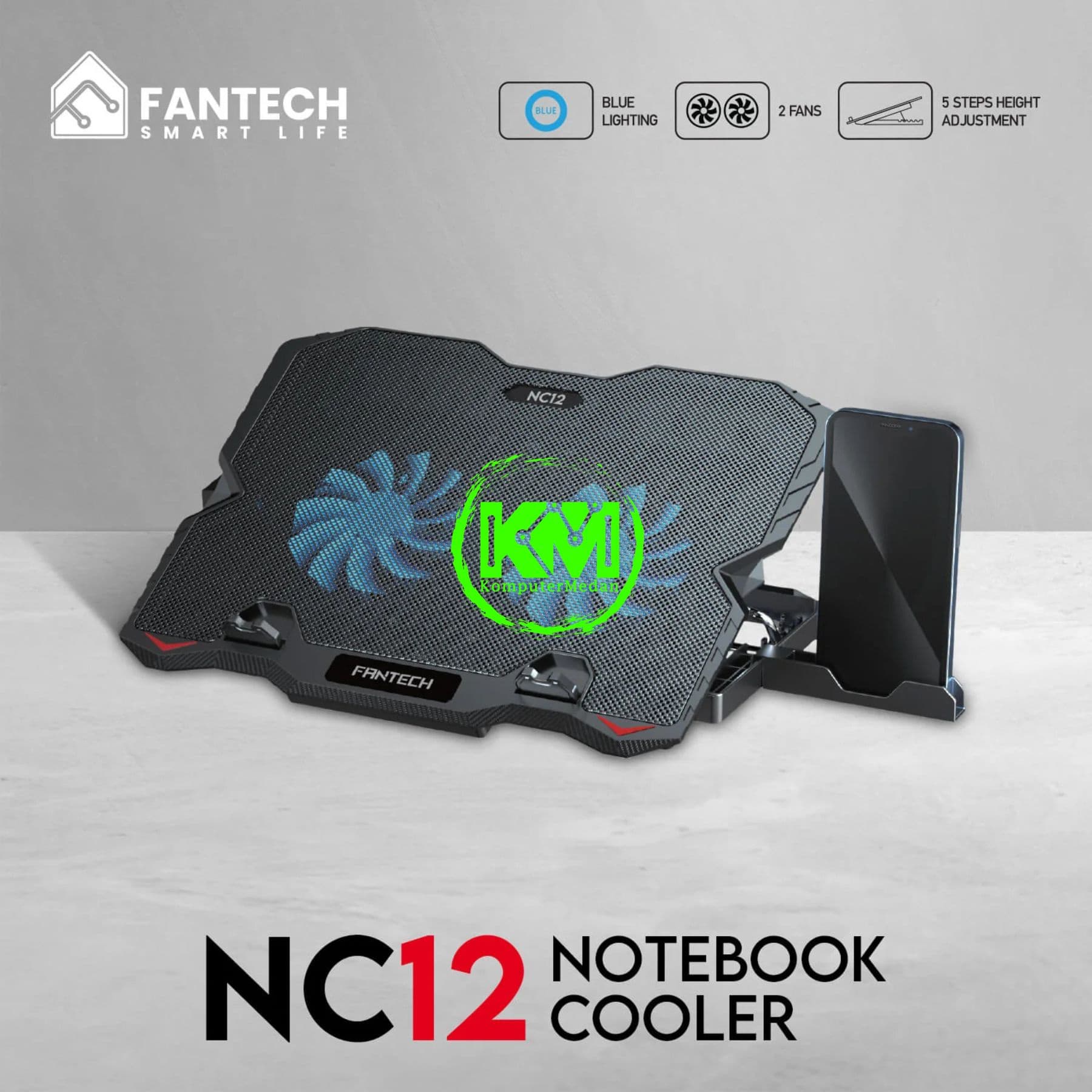 FANTECH NC12 NOTEBOOK COOLER - BLACK (2 FAN BLUE) - Image 2