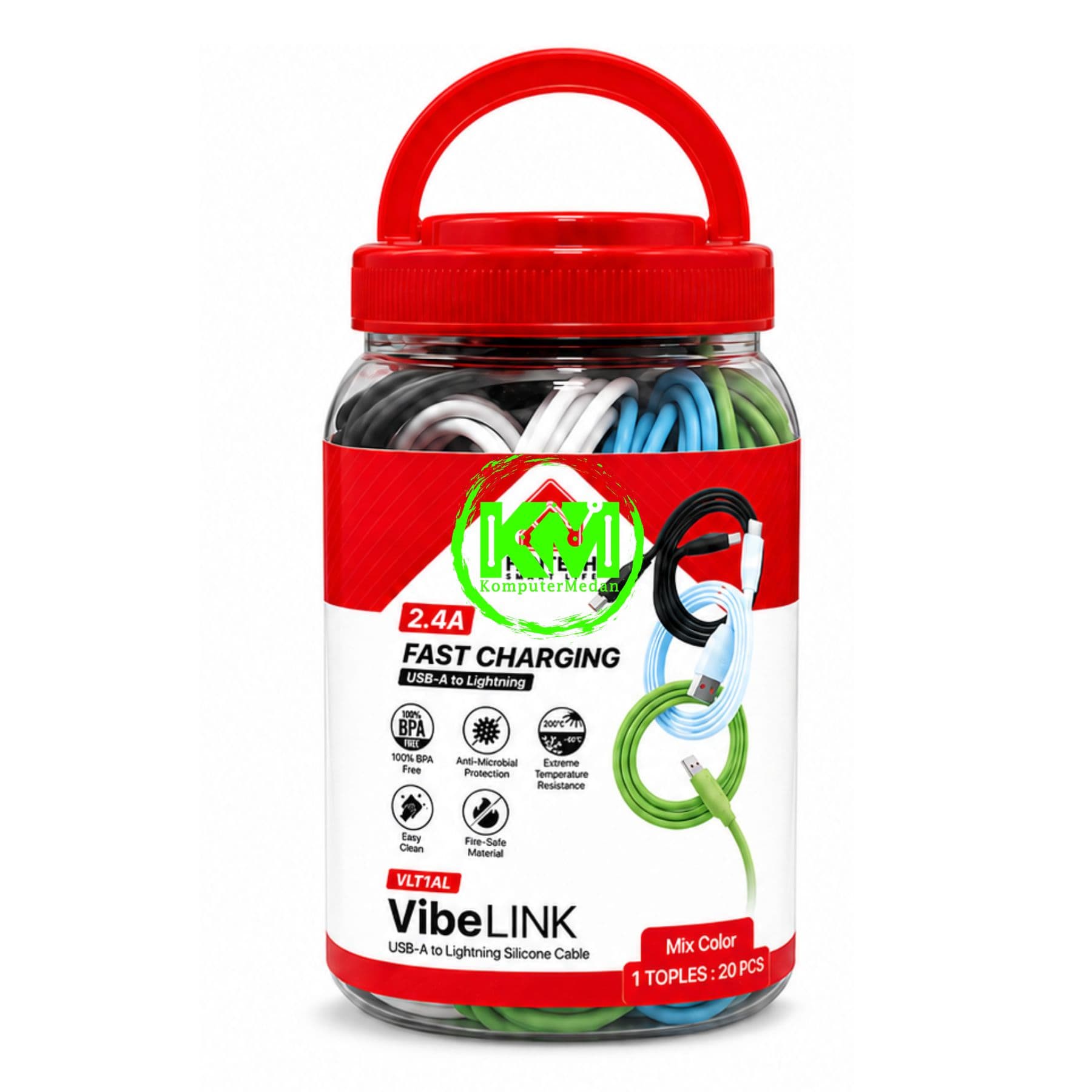 FANTECH VIBELINK VLT1 SERIES CABLE, VLT1AL (A TO L),SILICONE CABLE + TPE (KABEL BULAT TEBAL), 2.4 AMPERE (1 TOPLES : 20 PCS) - MIX (BLACK,WHITE,BLUE,GREEN)