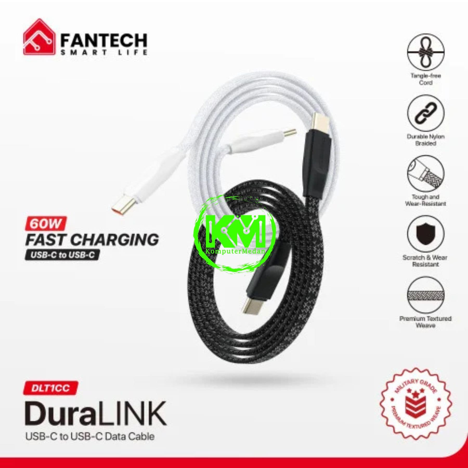 FANTECH DURALINK DLT1 SERIES CABLE, DLT1AM (C TO C), BRAIDED CABLE + PVC (KABEL PIPIH) 3 AMPERE FAST CHARGING (1 TOPLES : 20 PCS) - MIX (BLACK,WHITE) - Image 2