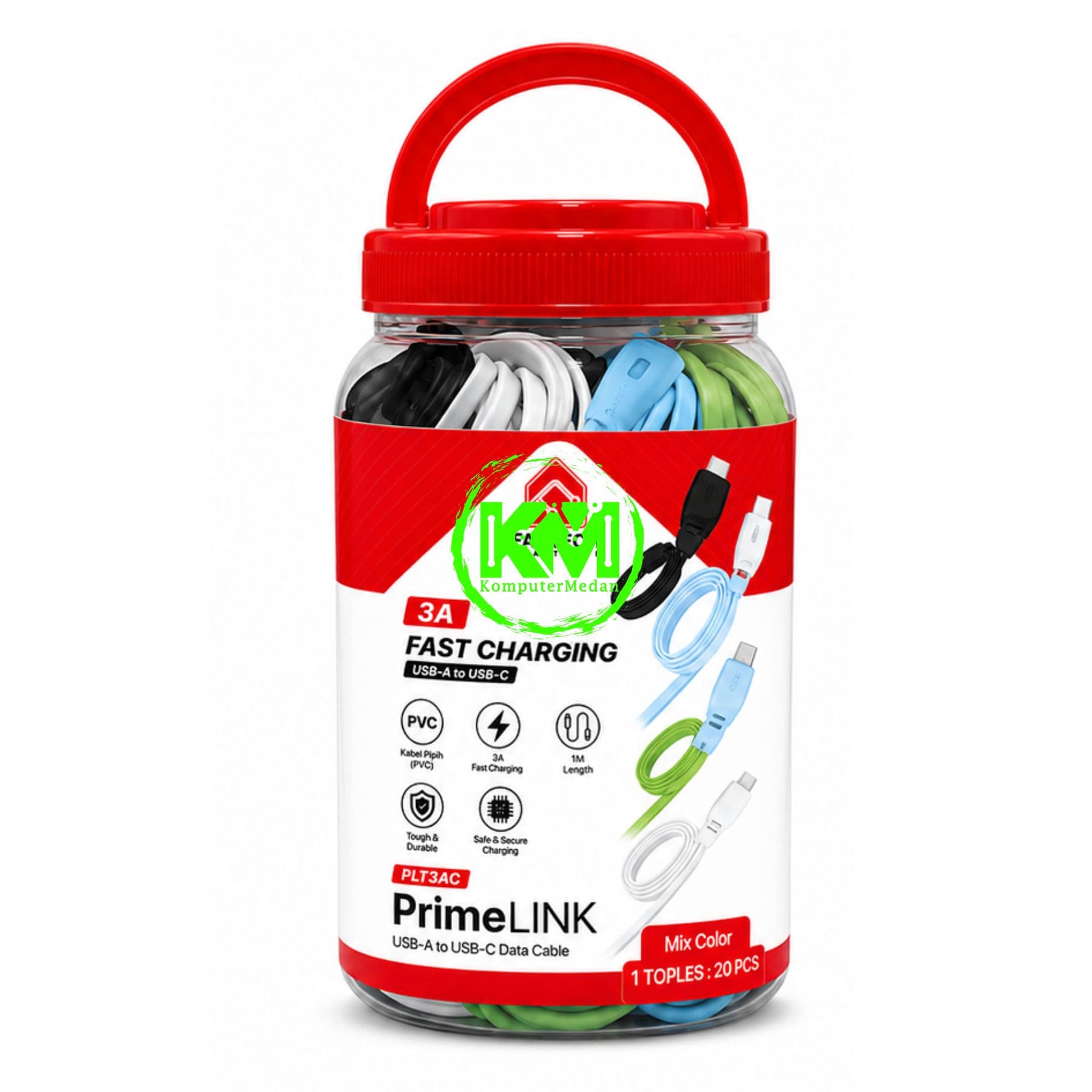 FANTECH PRIMELINK PLT3 SERIES CABLE, PLT3 AC (A TO C), PVC CABLE + PVC (KABEL PIPIH), 3 AMPERE FAST CHARGING (1 TOPLES : 20 PCS) - MIX (BLACK,WHITE,BLUE,GREEN) - Image 1