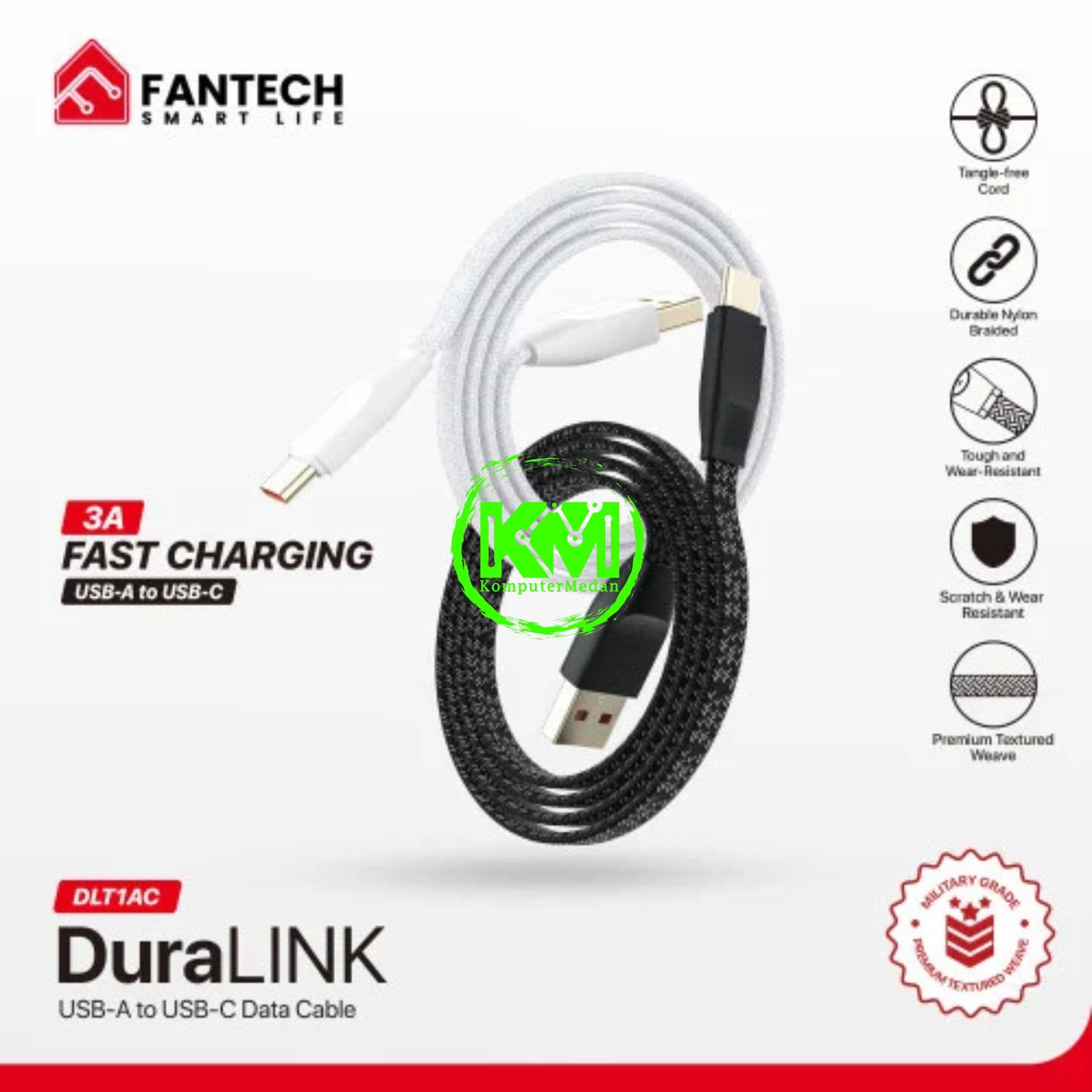 FANTECH DURALINK DLT1 SERIES CABLE, DLT1AM (A TO C), BRAIDED CABLE + PVC (KABEL PIPIH) 3 AMPERE FAST CHARGING (1 TOPLES : 20 PCS) - MIX (BLACK,WHITE) - Image 2