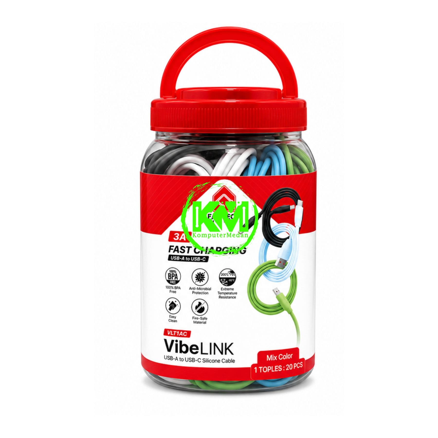 FANTECH VIBELINK VLT1 SERIES CABLE, VLT1AC (A TO C), SILICONE CABLE + TPE (KABEL BULAT TEBAL), 3 AMPERE (1TOPLES : 20 PCS) - MIX (BLACK,WHITE,BLUE,GREEN) - Image 1