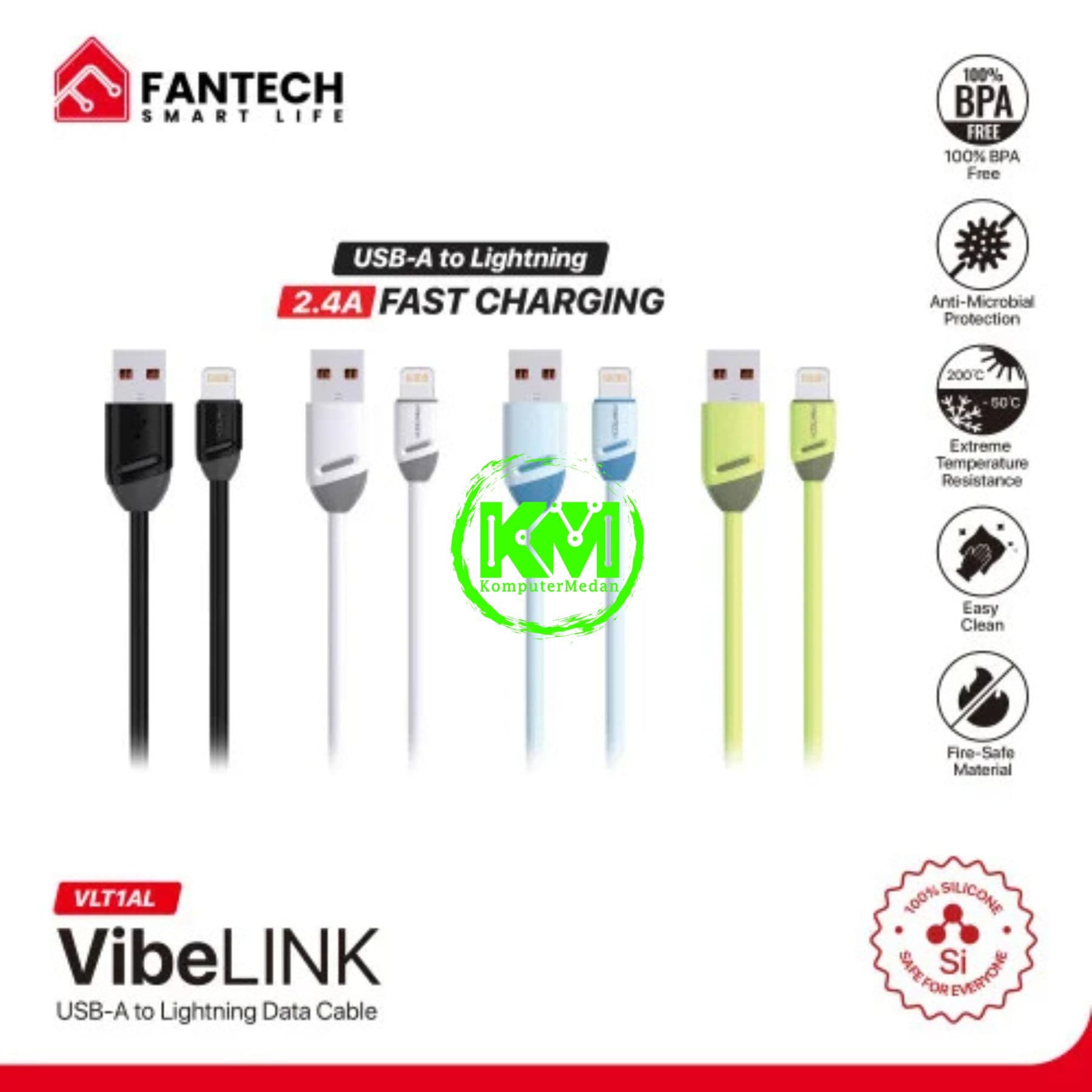 FANTECH VIBELINK VLT1 SERIES CABLE, VLT1AL (A TO L),SILICONE CABLE + TPE (KABEL BULAT TEBAL), 2.4 AMPERE (1 TOPLES : 20 PCS) - MIX (BLACK,WHITE,BLUE,GREEN) - Image 2