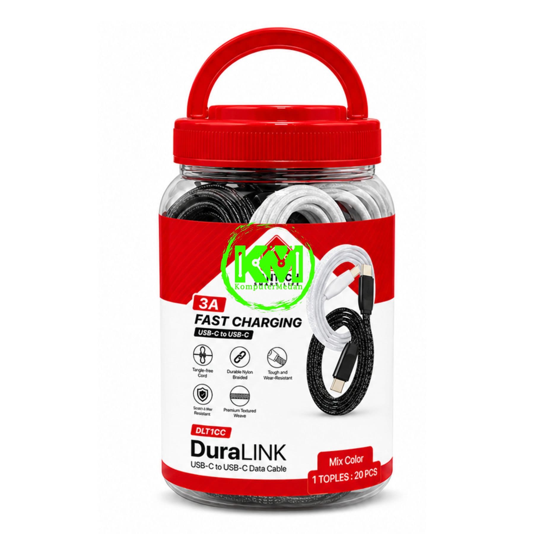FANTECH DURALINK DLT1 SERIES CABLE, DLT1AM (C TO C), BRAIDED CABLE + PVC (KABEL PIPIH) 3 AMPERE FAST CHARGING (1 TOPLES : 20 PCS) - MIX (BLACK,WHITE) - Image 1