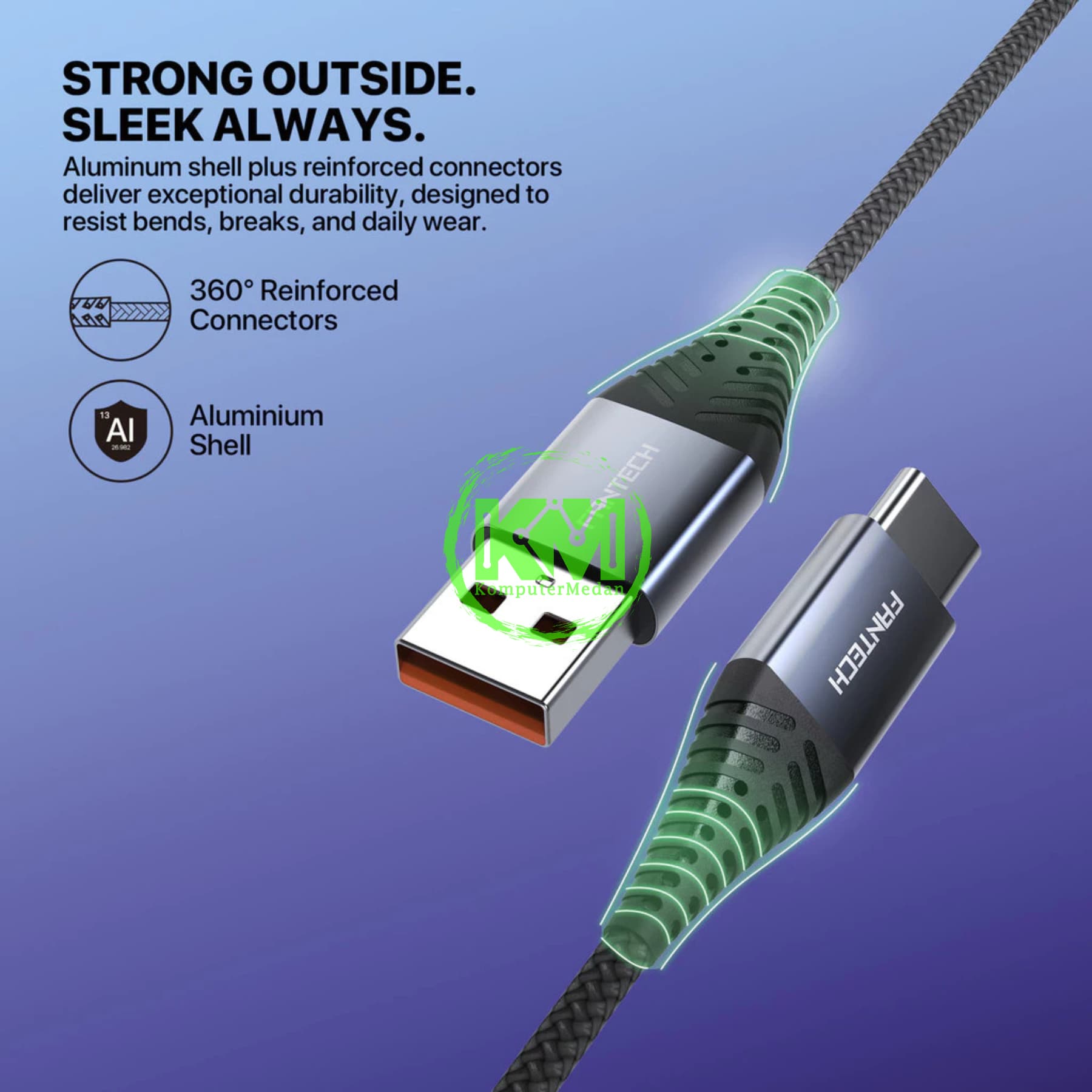 FANTECH DURALINK DL2 SERIES CABLE, DL2AL (A-to-L) BRAIDED CABLE + ALUMINIUM SHELL, 2.4 AMPERE FAST CHARGING - Image 3