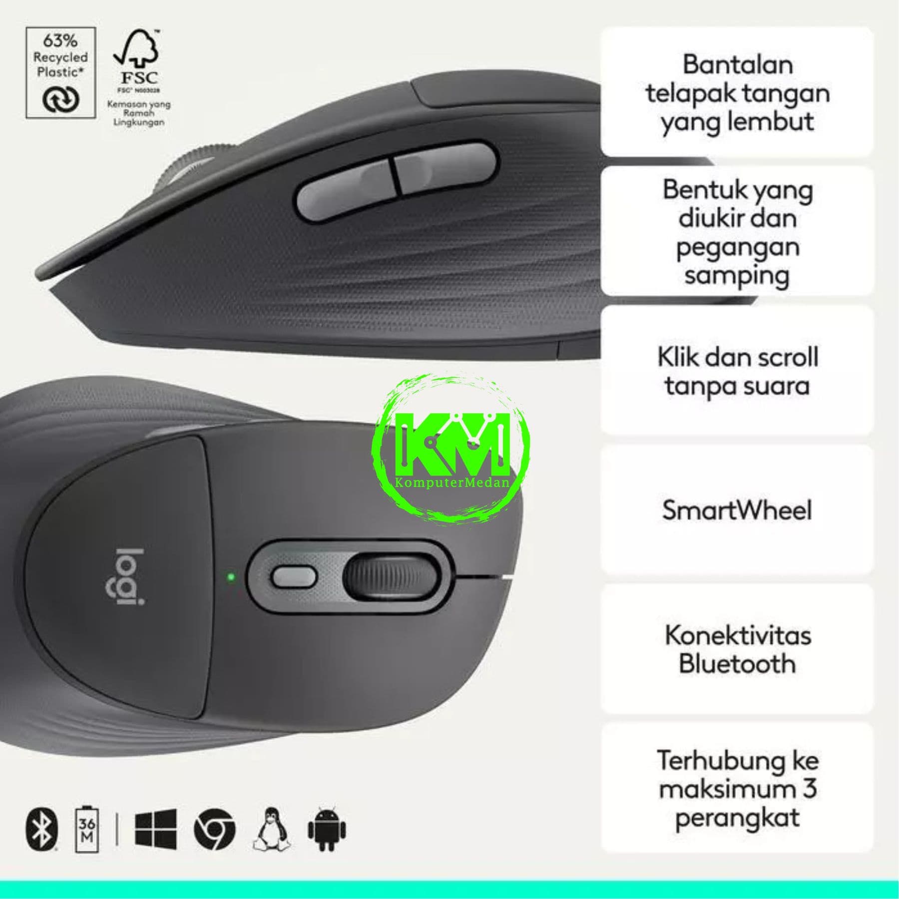 LOGITECH SIGNATURE COMFORT PLUS M850L WIRELESS MULTI DEVICE & BLUETOOTH MOUSE (GRAPHITE/OFF WHITE) - Image 3