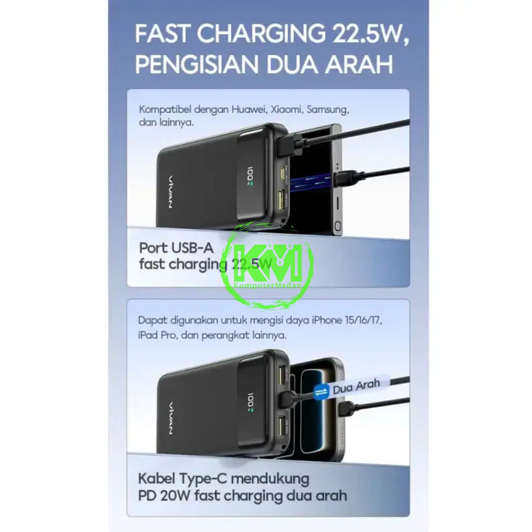 VIVAN POWERBANK VPB D21 LED DIGITAL ( 10.000MAH, 22.5W FAST CHARGING, INPUT C & MICRO, OUTPUT 2x A & C, CCC CERTIFIED ) - Image 5