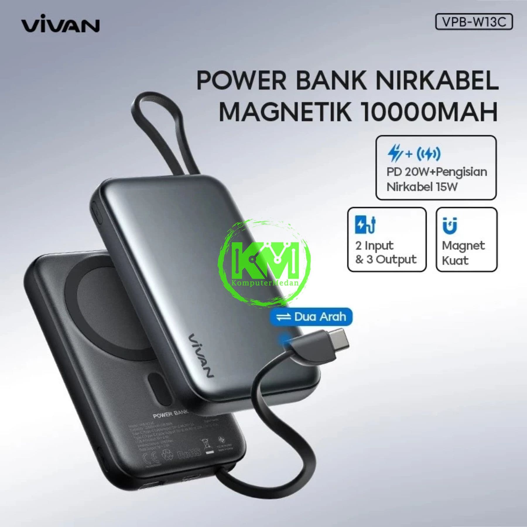 VIVAN POWERBANK VPB W13C MAGNETIC MAGSAFE ( 10.000MAH, PD 20W, WIRELESS 15W, INPUT C, OUTPUT A & C, TYPE C BUILT IN ) - Image 2
