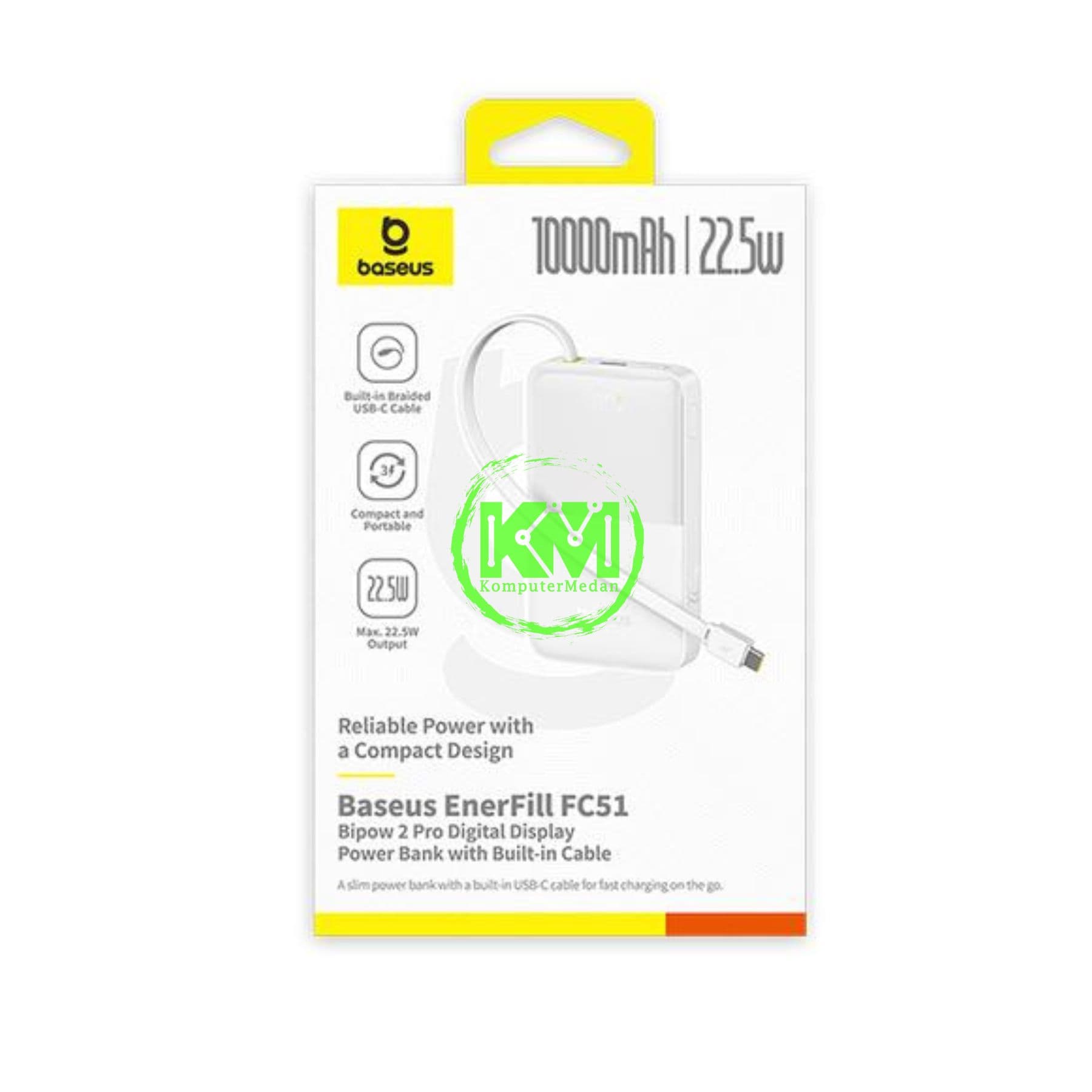 BASEUS ENERFILL FC51 BIPOW2 PRO DIGITAL DISPLAY POWERBANK WITH BUILT-IN CABLE 10000MAH 22.5W MOON WHITE