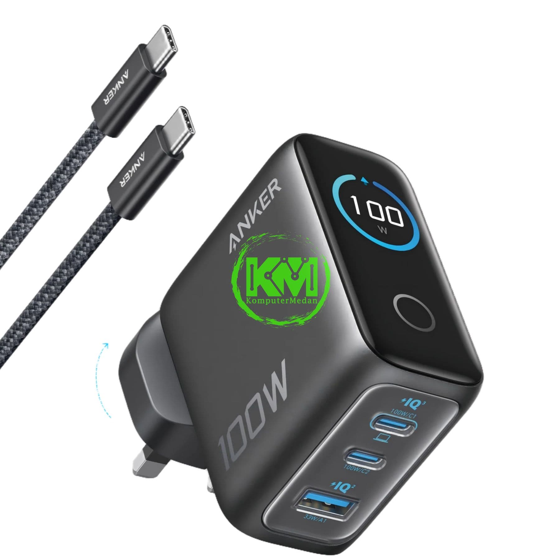 ANKER CHARGER (100W, 3 PORTS, SMART DISPLAY) - B121B DARK GREY