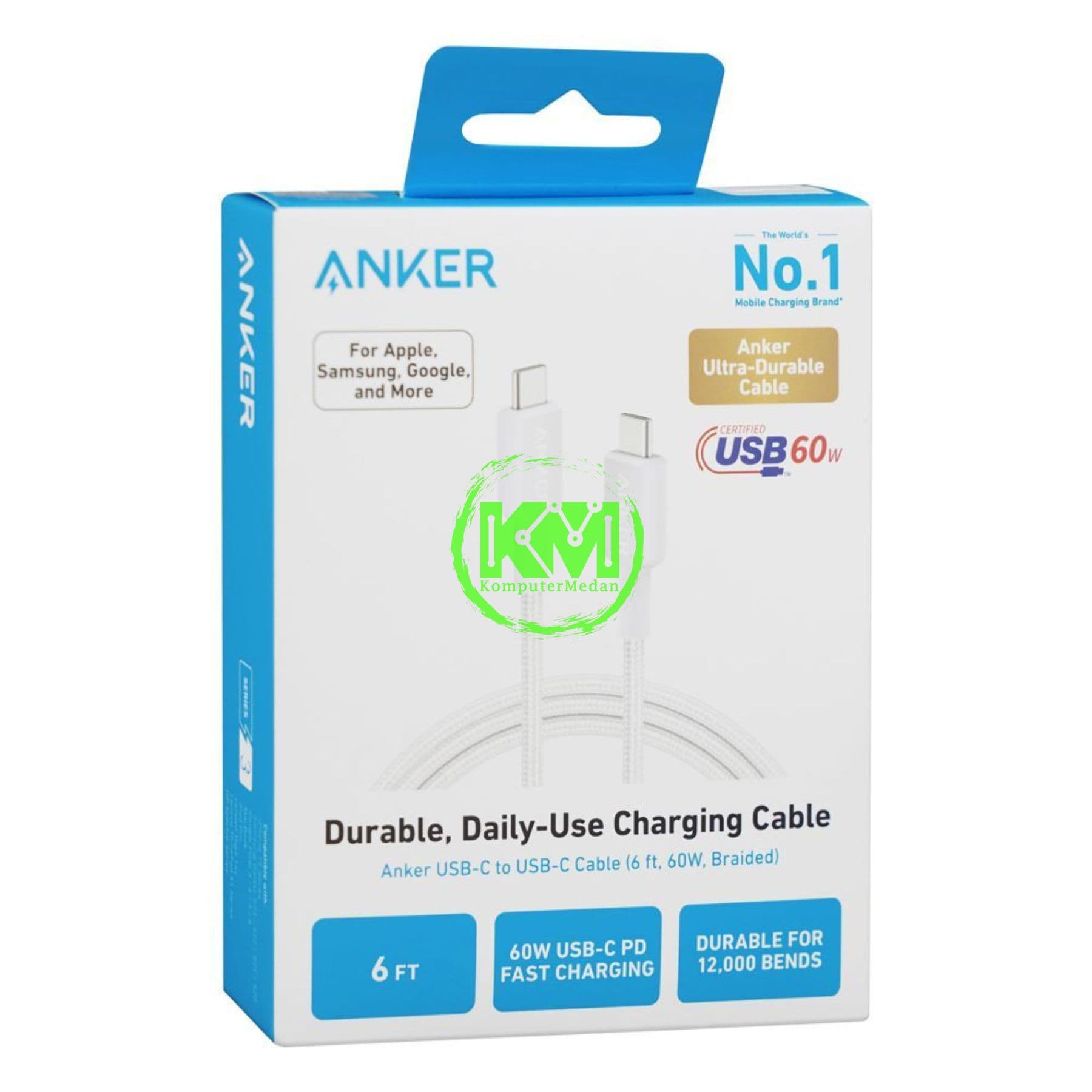 ANKER 322 USB-C TO USB-C CABLE (6FT BRAIDED) - A81F6 WHITE - Image 1