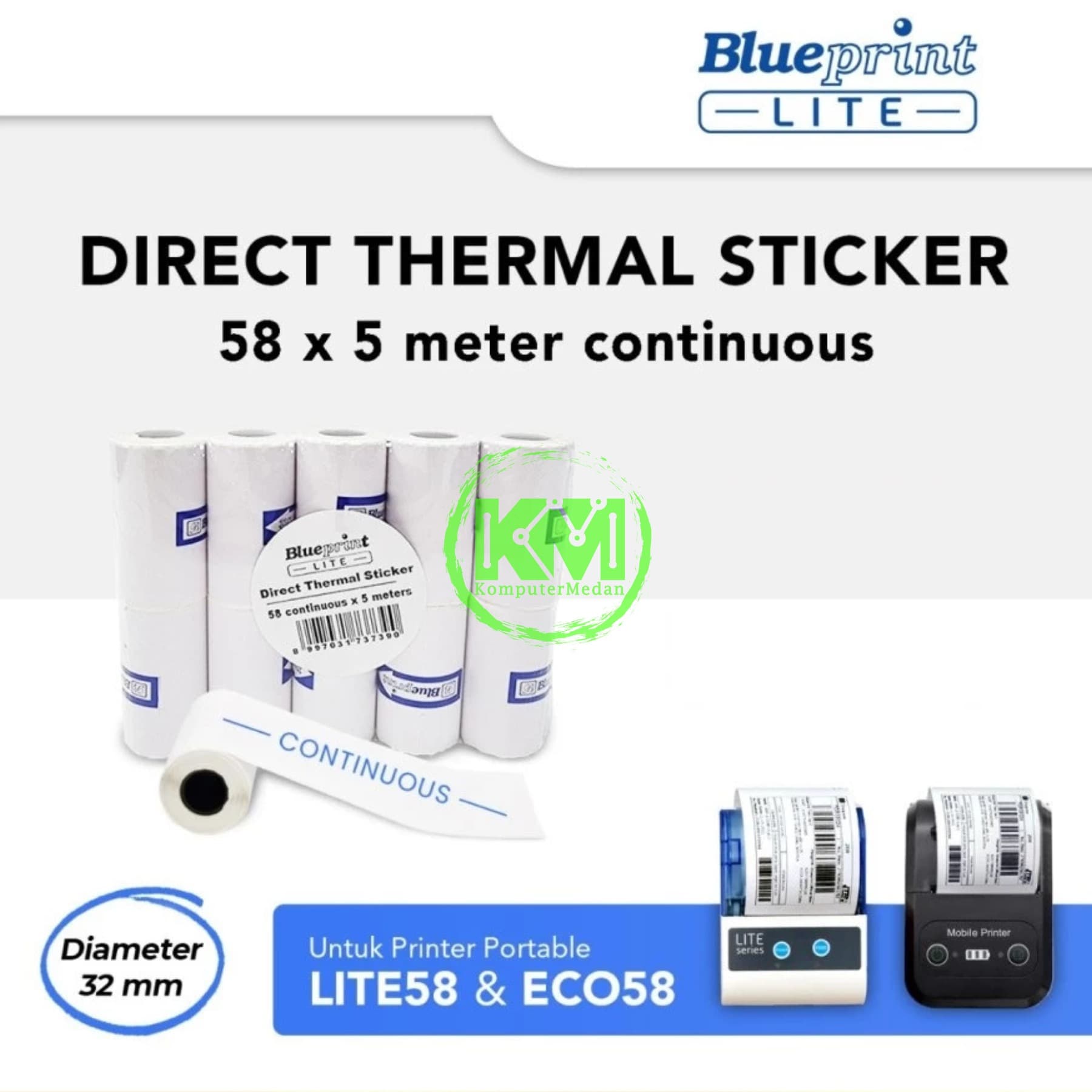 BLUEPRINT DIRECT THERMAL STICKE 58x5m (UNTUK PRINTER LITE58 & ECO58)