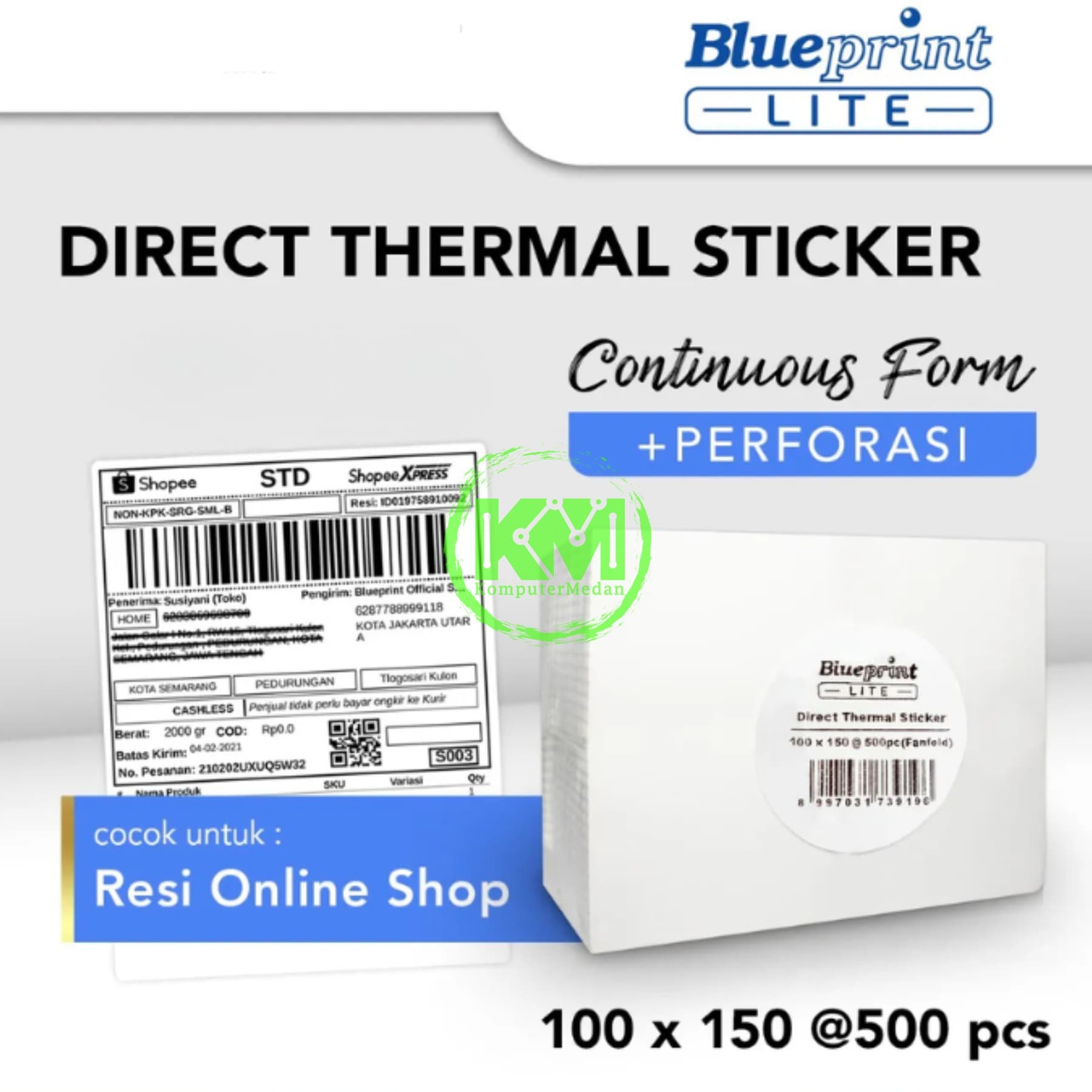 BLUEPRINT LITE DIRECT THERMAL STICKER 100x150x1 (500PCS) - MODEL CONTINUOUS FORM - Image 1