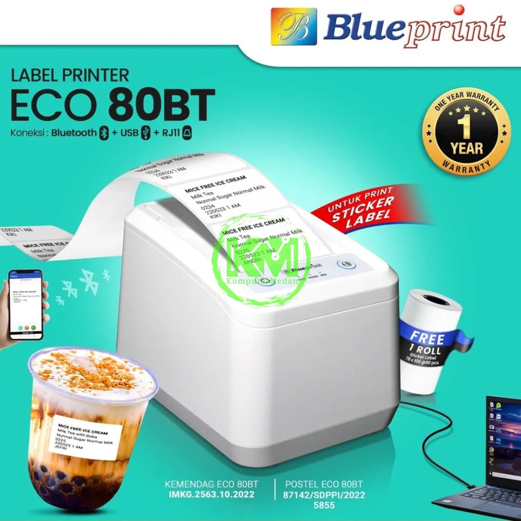 BLUEPRINT PORTABLE THERMAL PRINTER LABEL ECO80BT (USB + BLUETOOTH) - Image 1