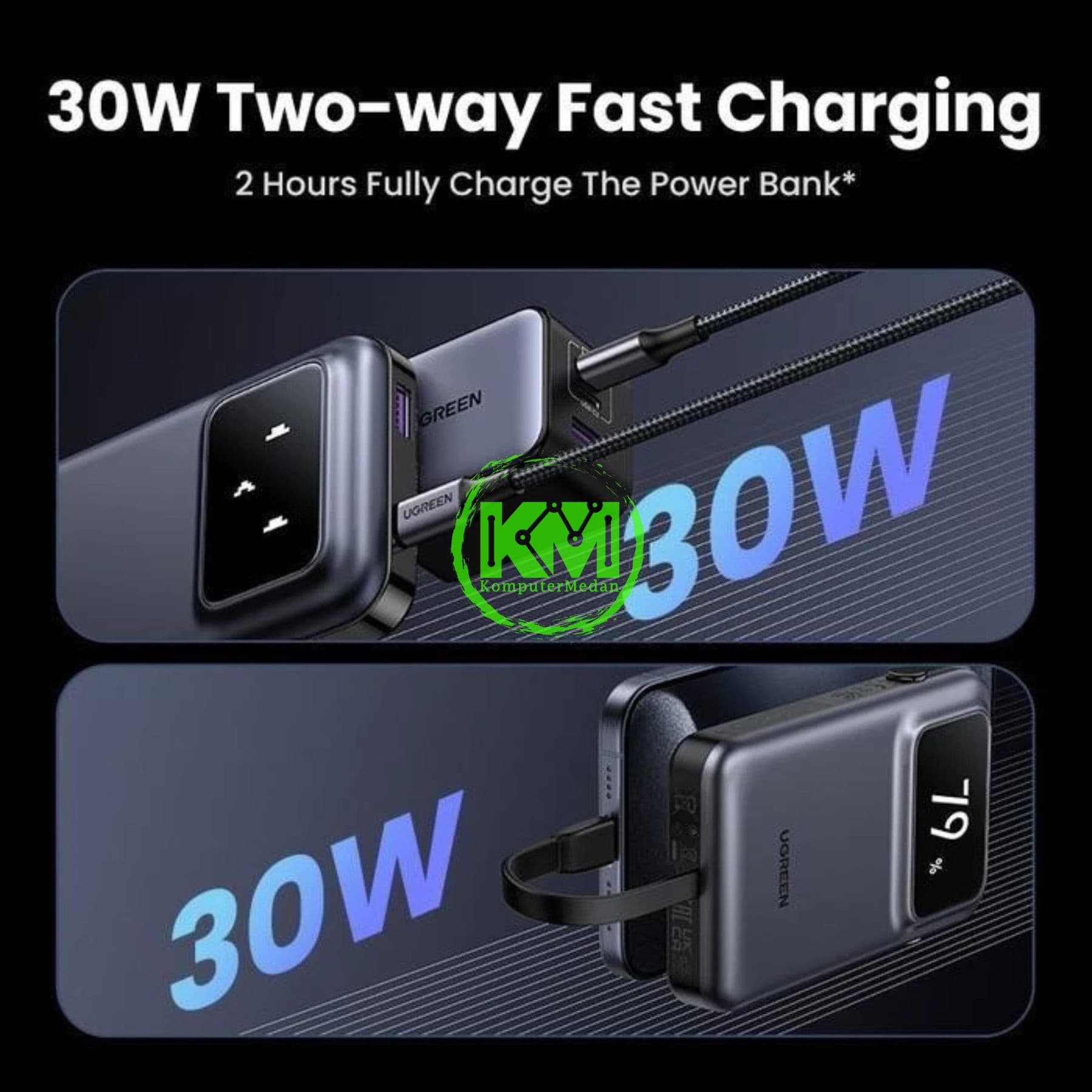 UGREEN UNO POWERBANK BUILT-IN CABLE 30W 10.000MAH GRAY / 35603B - Image 5