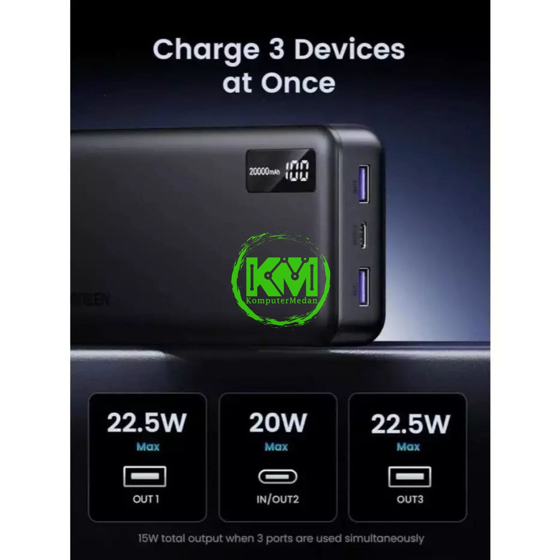 UGREEN POWERBANK DIGITAL DISPLAY 20W 20.000MAH BLACK / 95424B - Image 3
