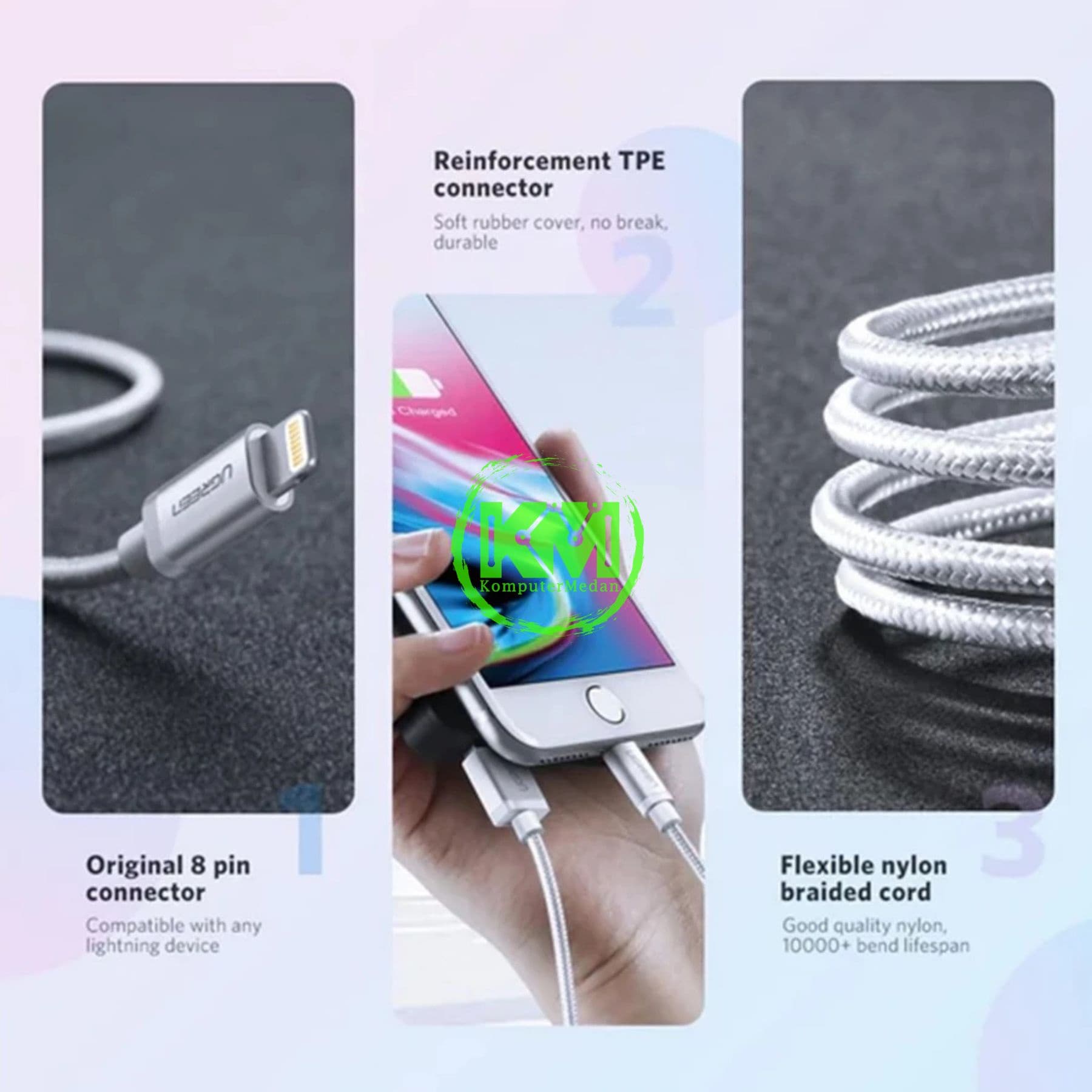UGREEN CABLE USB TO LIGHTNING NYLON 1M SILVER - PN 60161 - Image 3