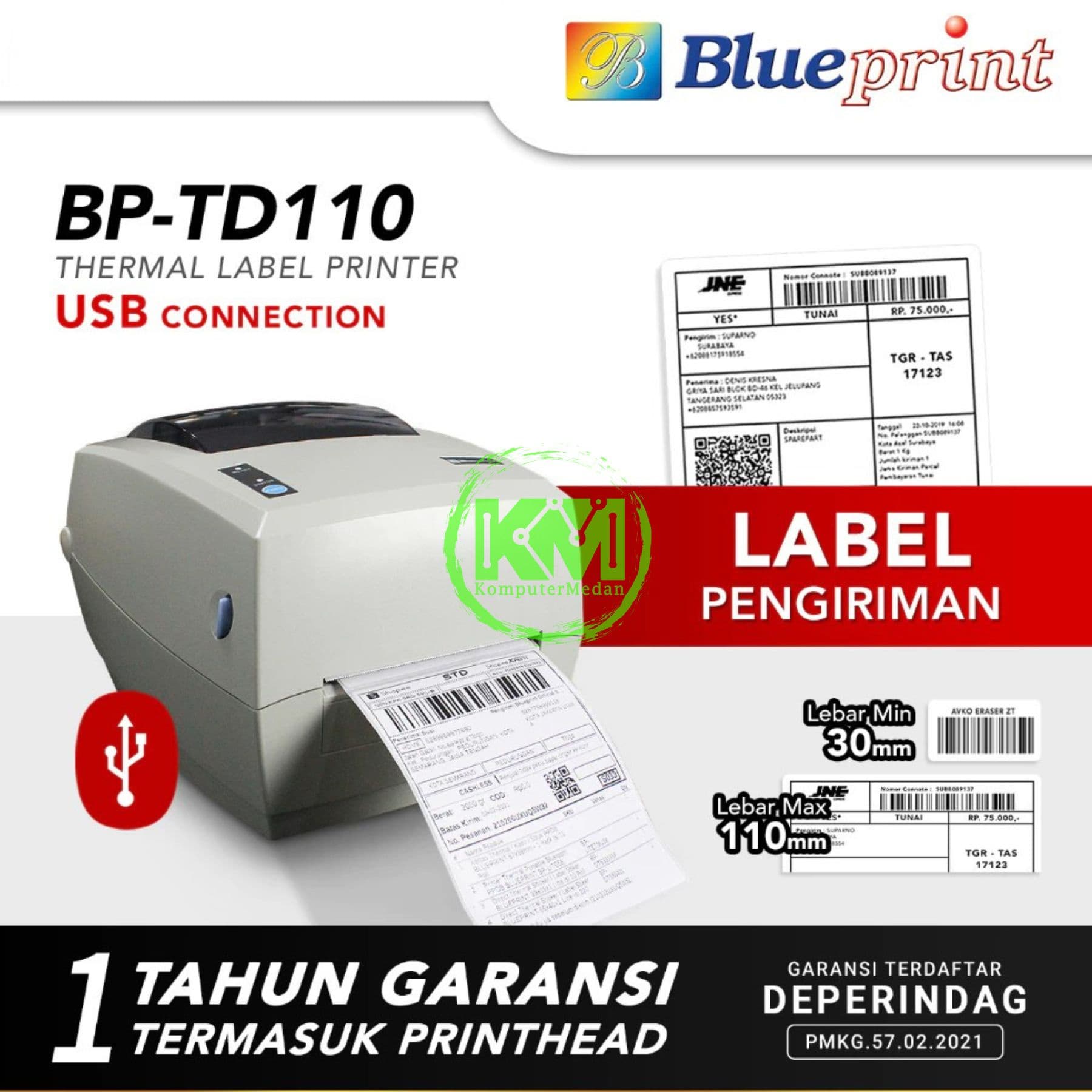 BLUEPRINT DESKTOP DIRECT THERMAL BARCODE LABEL PRINTER BP-TD110 (USB)