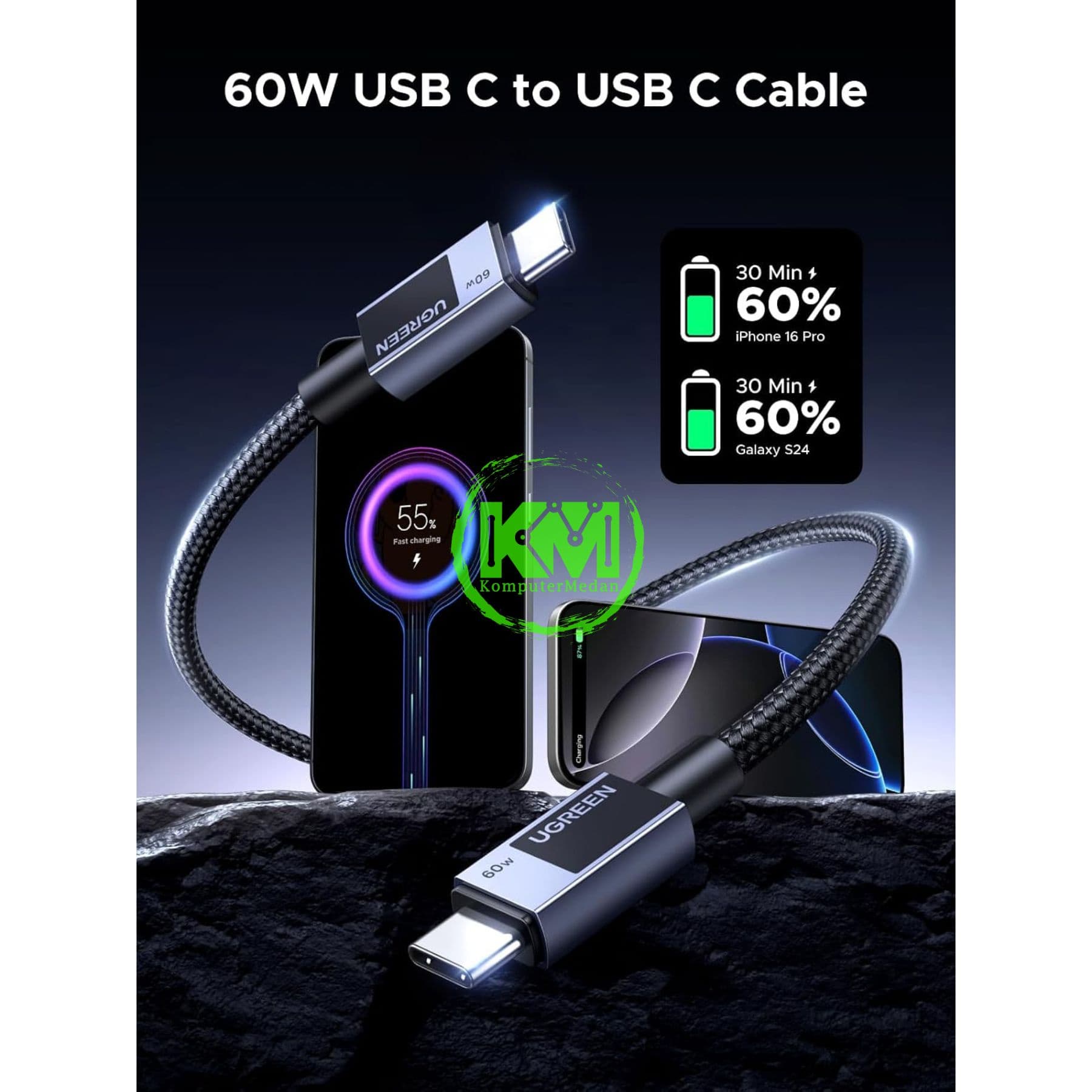 UGREEN CABLE C TO C 3A 60W NYLON 1M SPACE GRAY / 55765 - Image 4