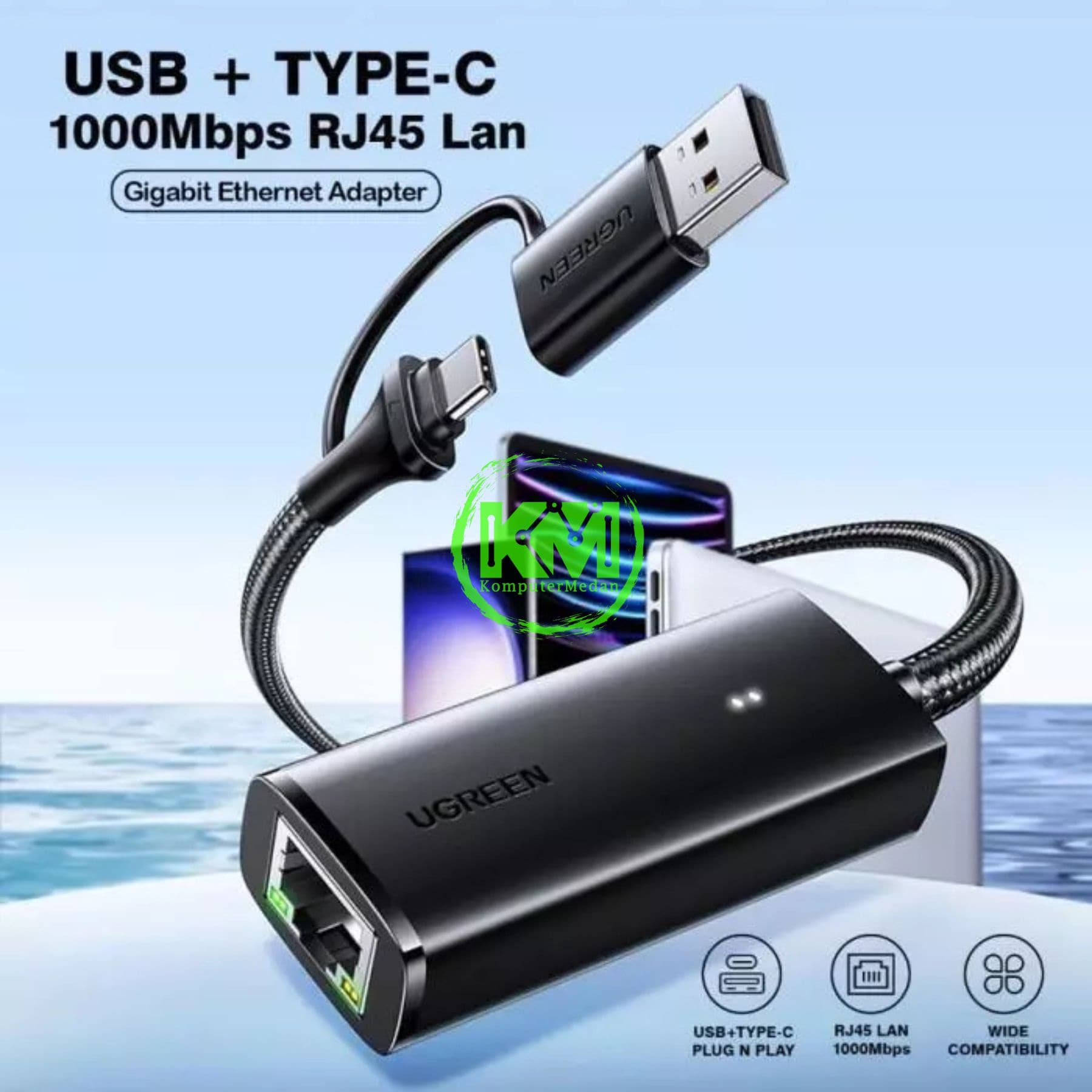 UGREEN ETHERNET ADAPTER USB-A+C 1000MBPS BLACK / 15638 - Image 2