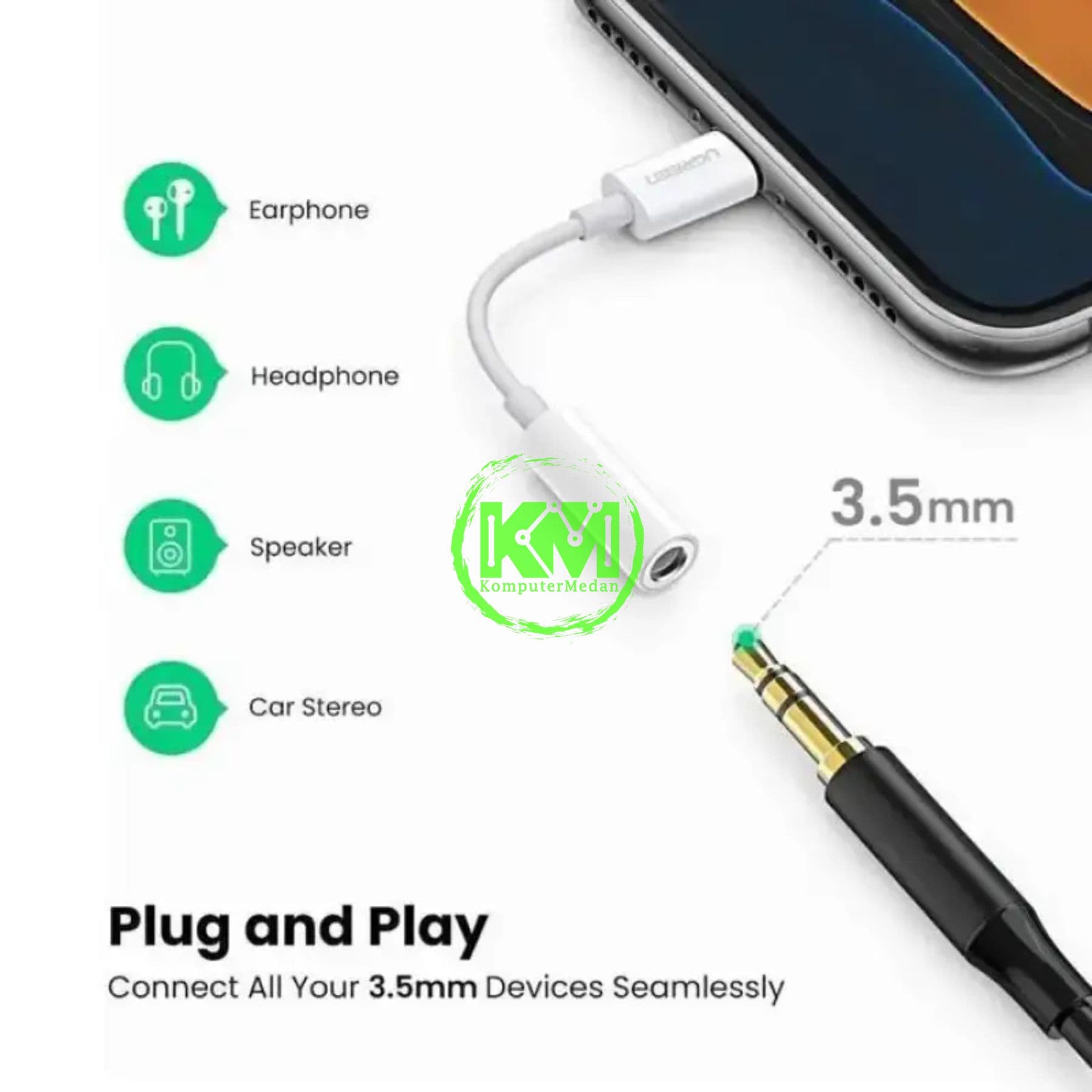 UGREEN CONVERTER AUDIO 3.5MM TO LIGHTNING 10CM WHITE - PN 30759 - Image 4