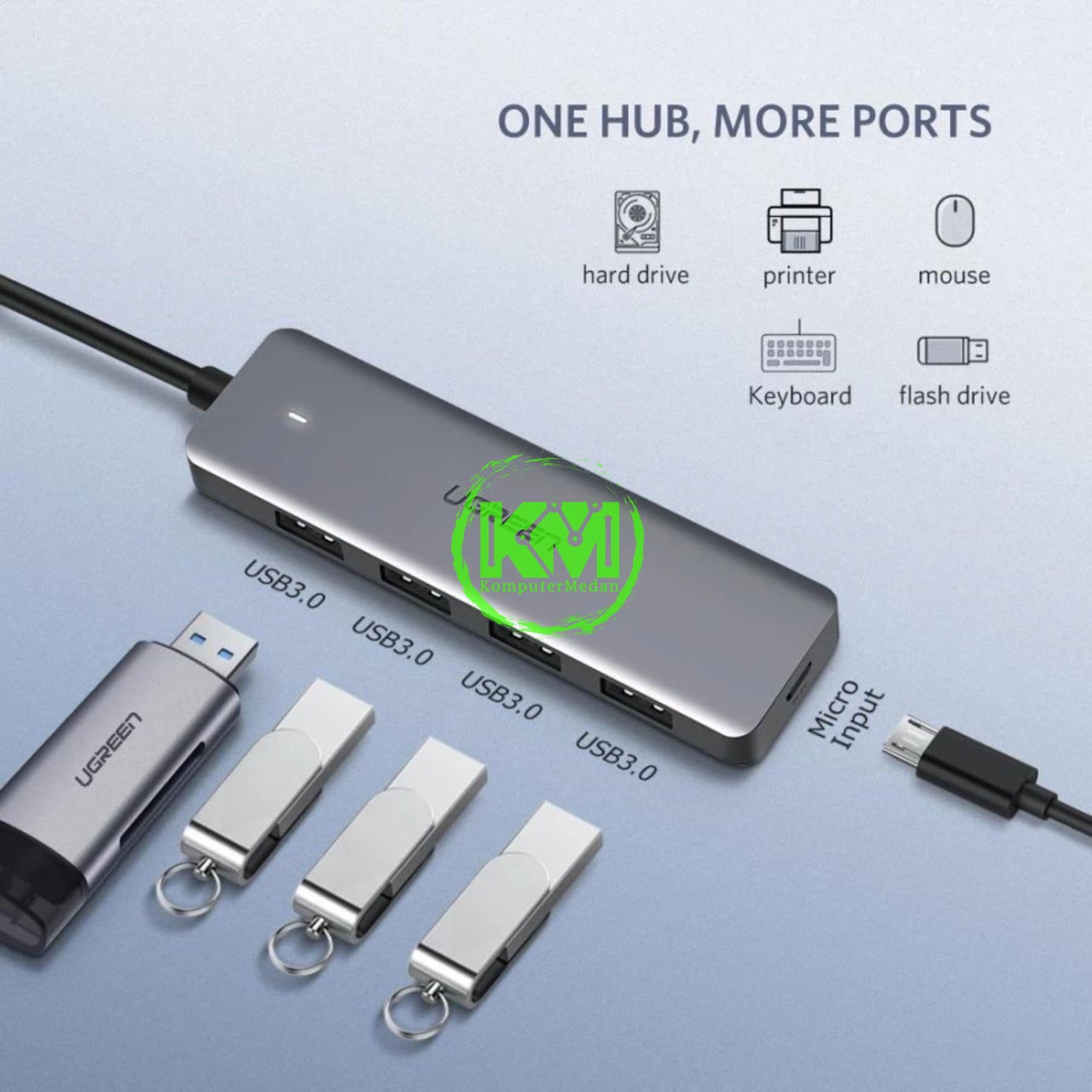 UGREEN (4IN1) USB-A 3.0 TO 4-PORT HUB + MICRO USB (POWER) - CM219 PN 50985 - Image 2