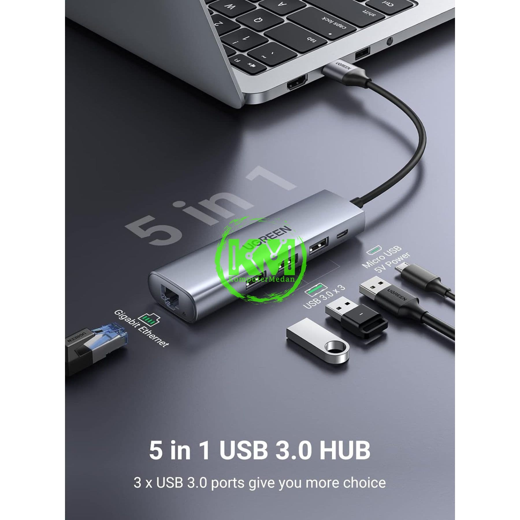 UGREEN ADAPTER HUB USB 3.0 5IN1 GRAY - PN 60812 - Image 5