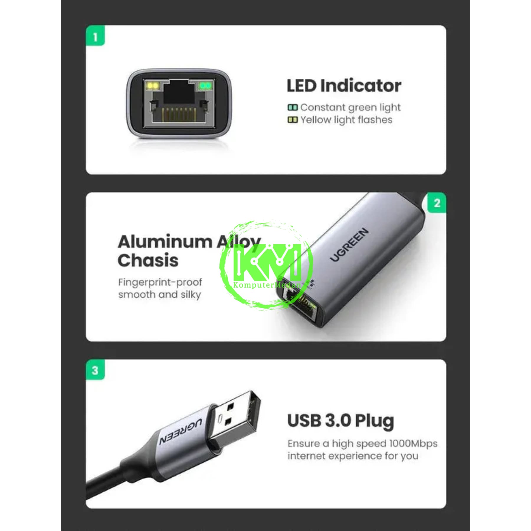 UGREEN ETHERNET ADAPTER USB A 3.0 GIGABIT (ALLOY) - CM209 PN 50922 - Image 4