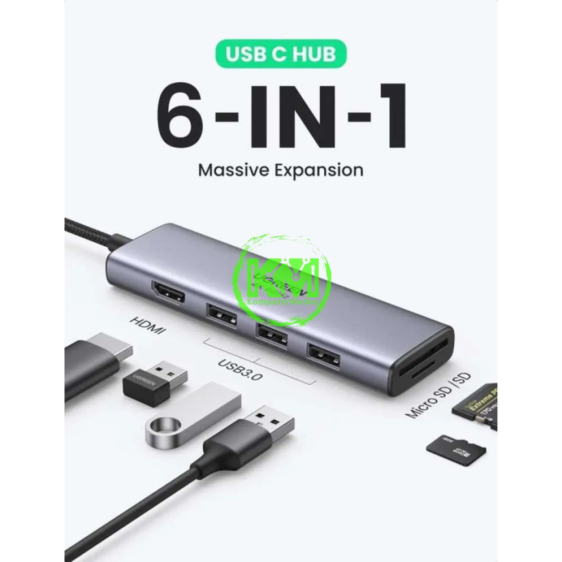 UGREEN HUB TYPE C 6IN1 HUB 4 PORT USB 3.0 - PN 20956A - Image 5