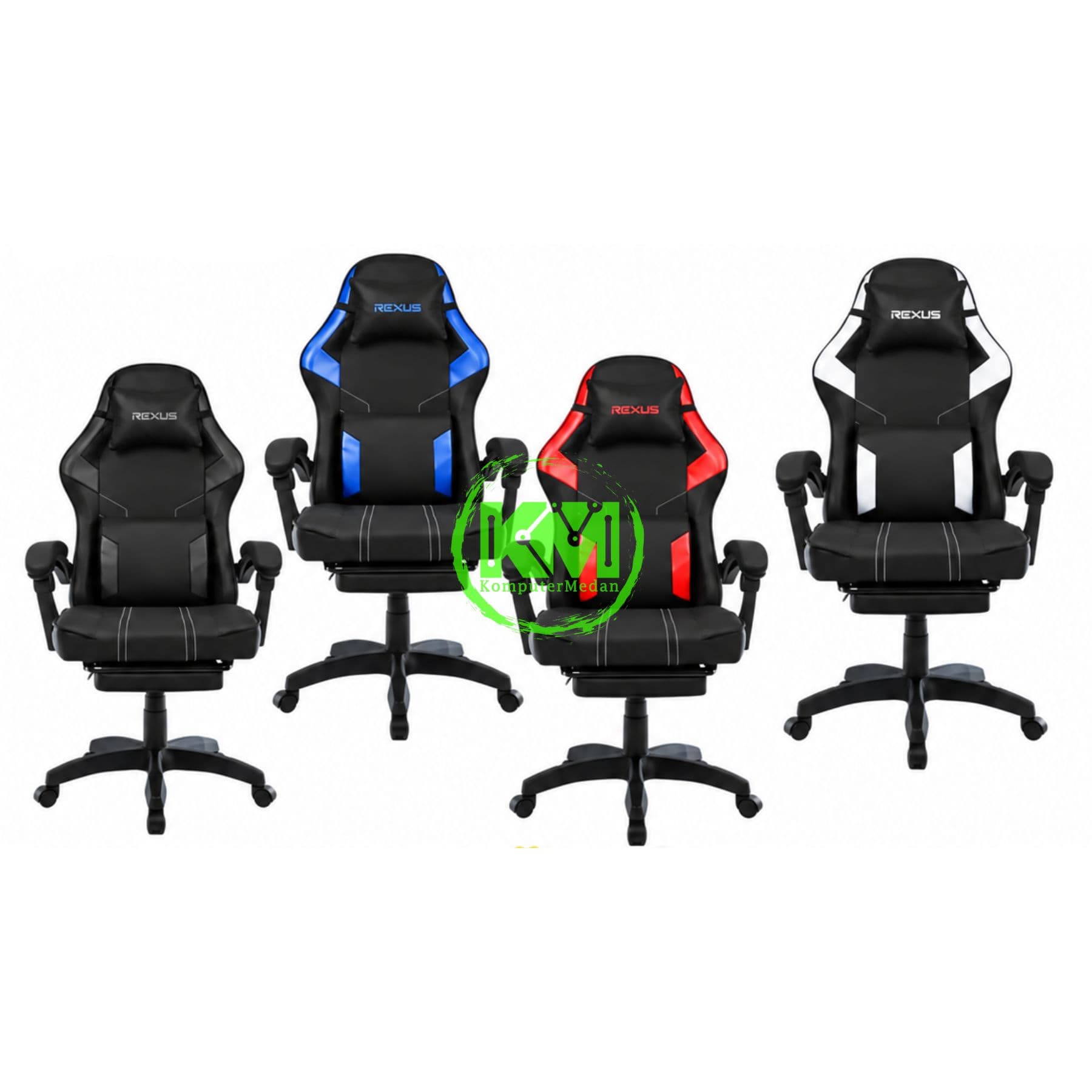 REXUS RGC-R45 FOOTREST GAMING CHAIR - FULL BLACK, BLUE, RED & WHITE