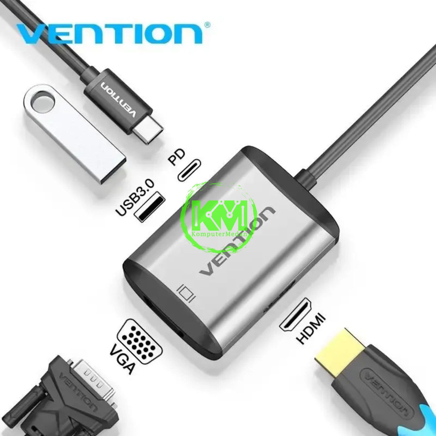 VENTION TYPE-C TO HDMI/VGA/USB3.0/PD CONVERTER 0.15M GRAY METAL TYPE (TFAHB) - Image 5