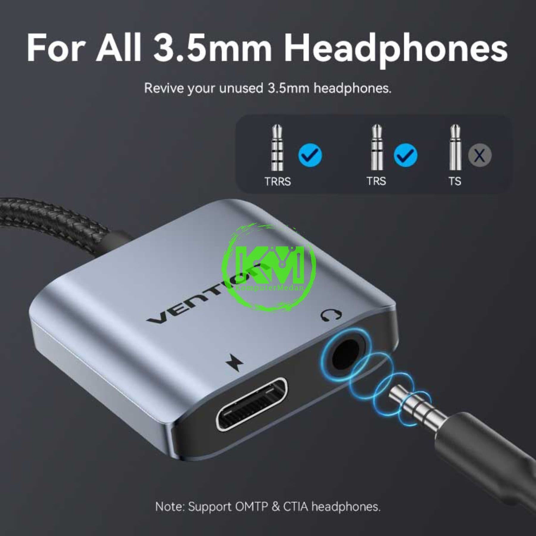 VENTION COTTON BRAIDED USB-C TO 3.5MM AUDIO CONVERTER PD 60W 0.1M GRAY (BIGHA) - Image 5
