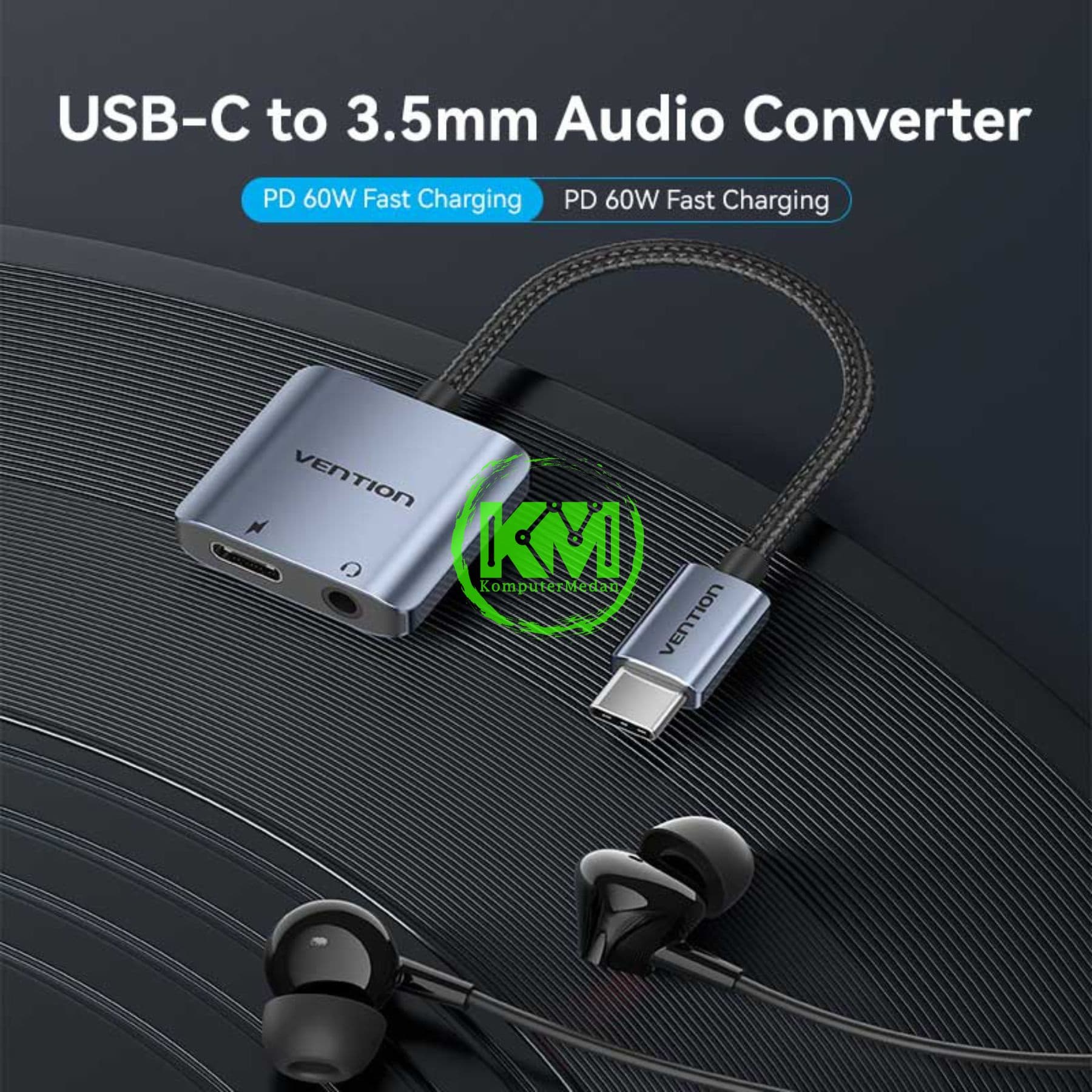 VENTION COTTON BRAIDED USB-C TO 3.5MM AUDIO CONVERTER PD 60W 0.1M GRAY (BIGHA) - Image 3