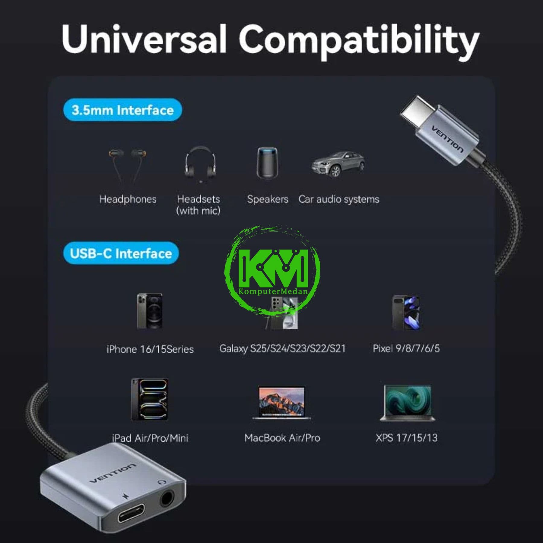 VENTION COTTON BRAIDED USB-C TO 3.5MM AUDIO CONVERTER PD 60W 0.1M GRAY (BIGHA) - Image 6