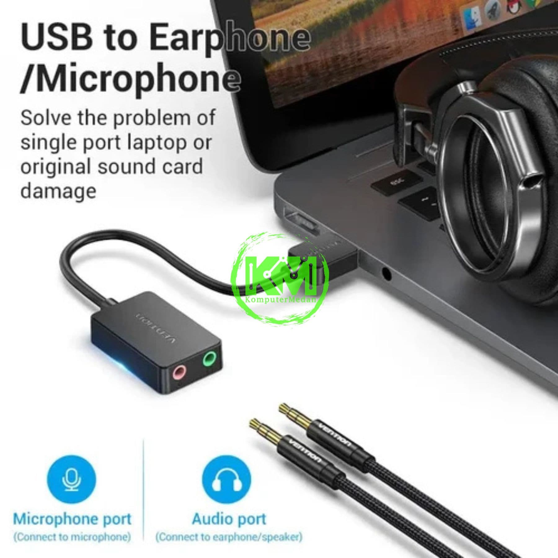 VENTION 2-PORT USB EXTERNAL SOUND CARD 0.15M BLACK (CDYB0) - Image 2