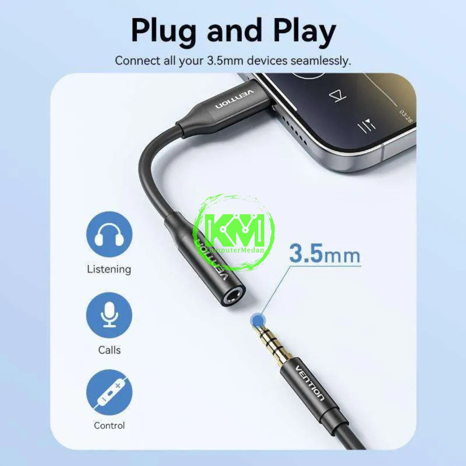 VENTION TYPE-C TO 3.5MM AUDIO CABLE 0.1M BLACK METAL TYPE (CFIBA) - Image 3