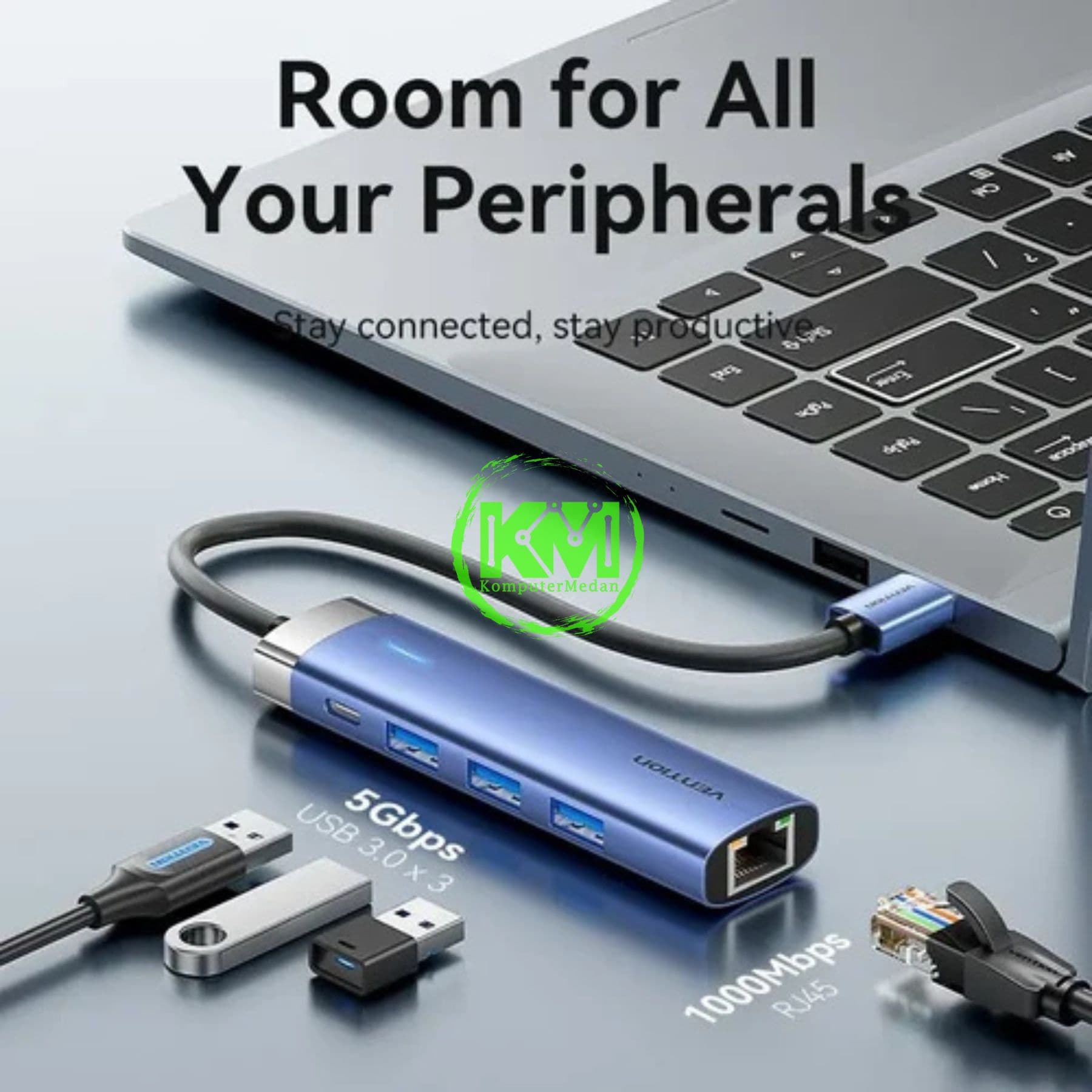 VENTION 5 IN 1 USB 3.0 TO USB 3.0 X 3/RJ45/USB-C HUB 0.15M BLUE ALUMINUM ALLOY TYPE (TGFSB) - NP - Image 4