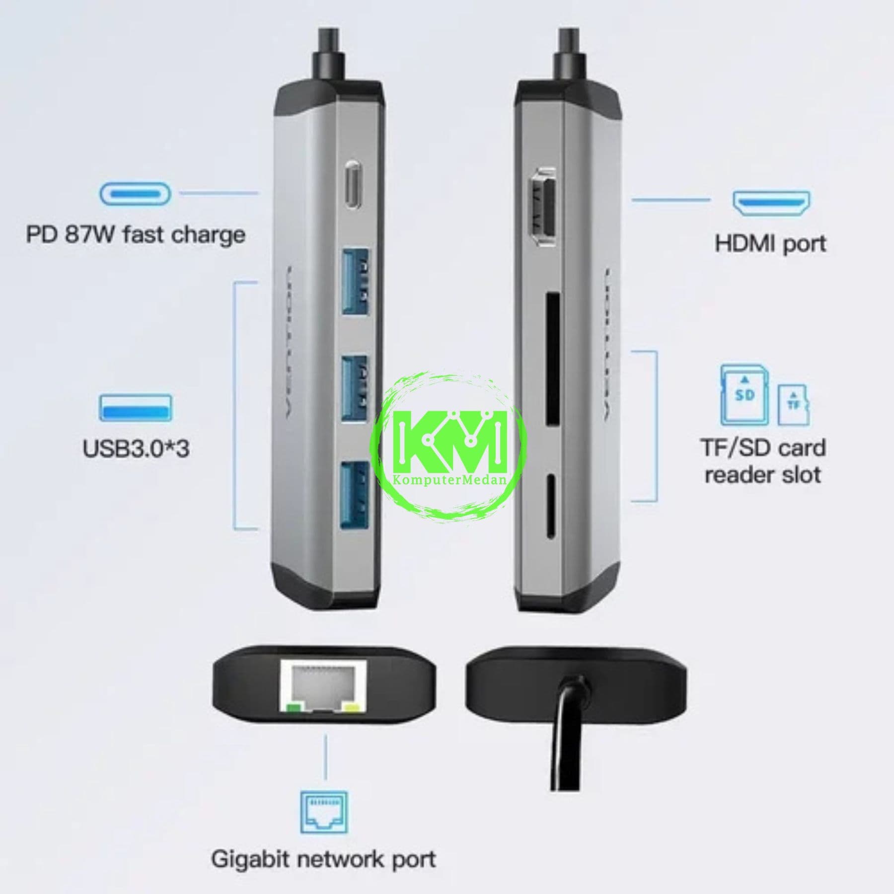 VENTION 7 IN 1 HUB TYPE-C TO HDMI/USB 3.0*3/RJ45/TF/SD/PD CONVERTER 0.15M GRAY METAL TYPE (CNDHB) - NP - Image 4