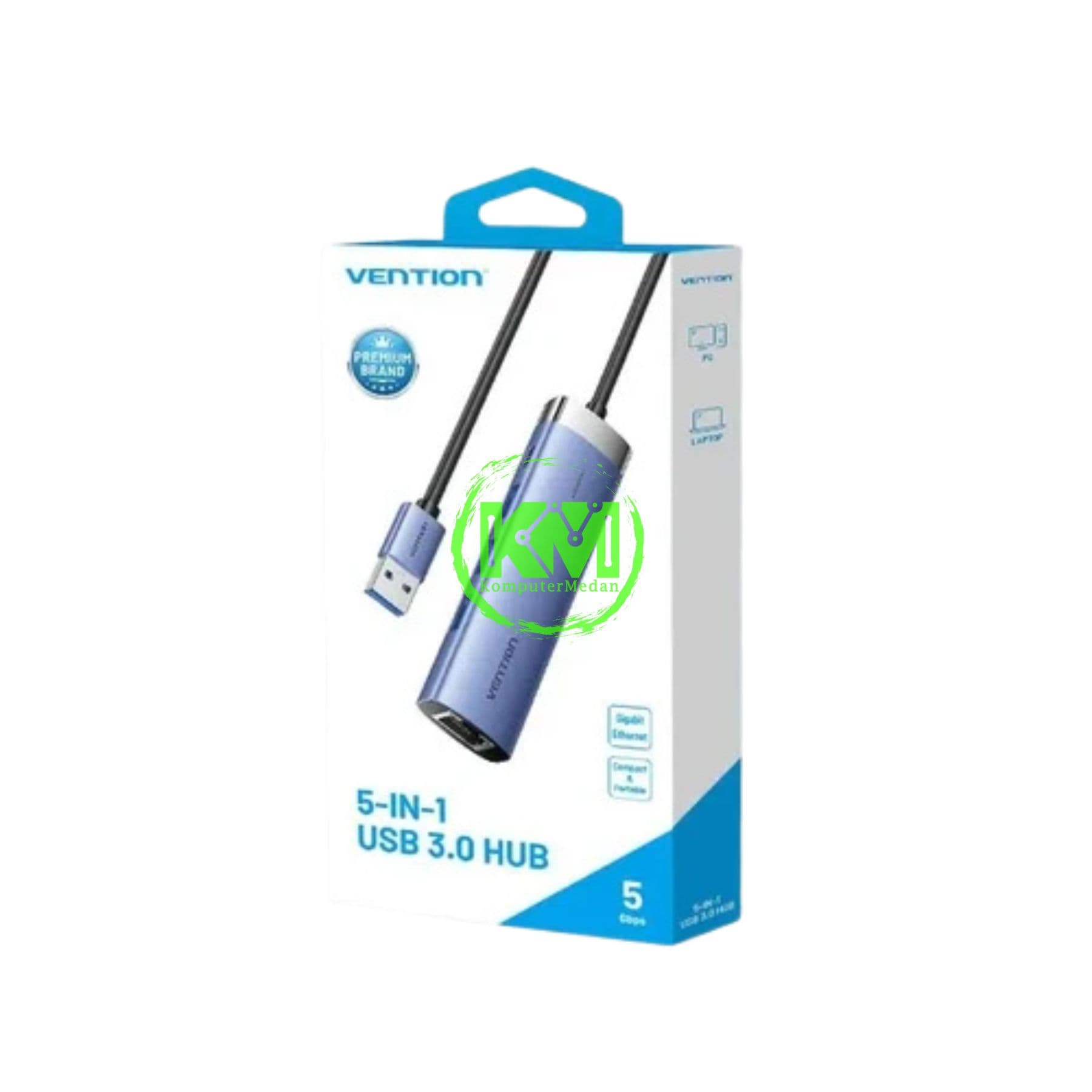VENTION 5 IN 1 USB 3.0 TO USB 3.0 X 3/RJ45/USB-C HUB 0.15M BLUE ALUMINUM ALLOY TYPE (TGFSB) - NP - Image 1